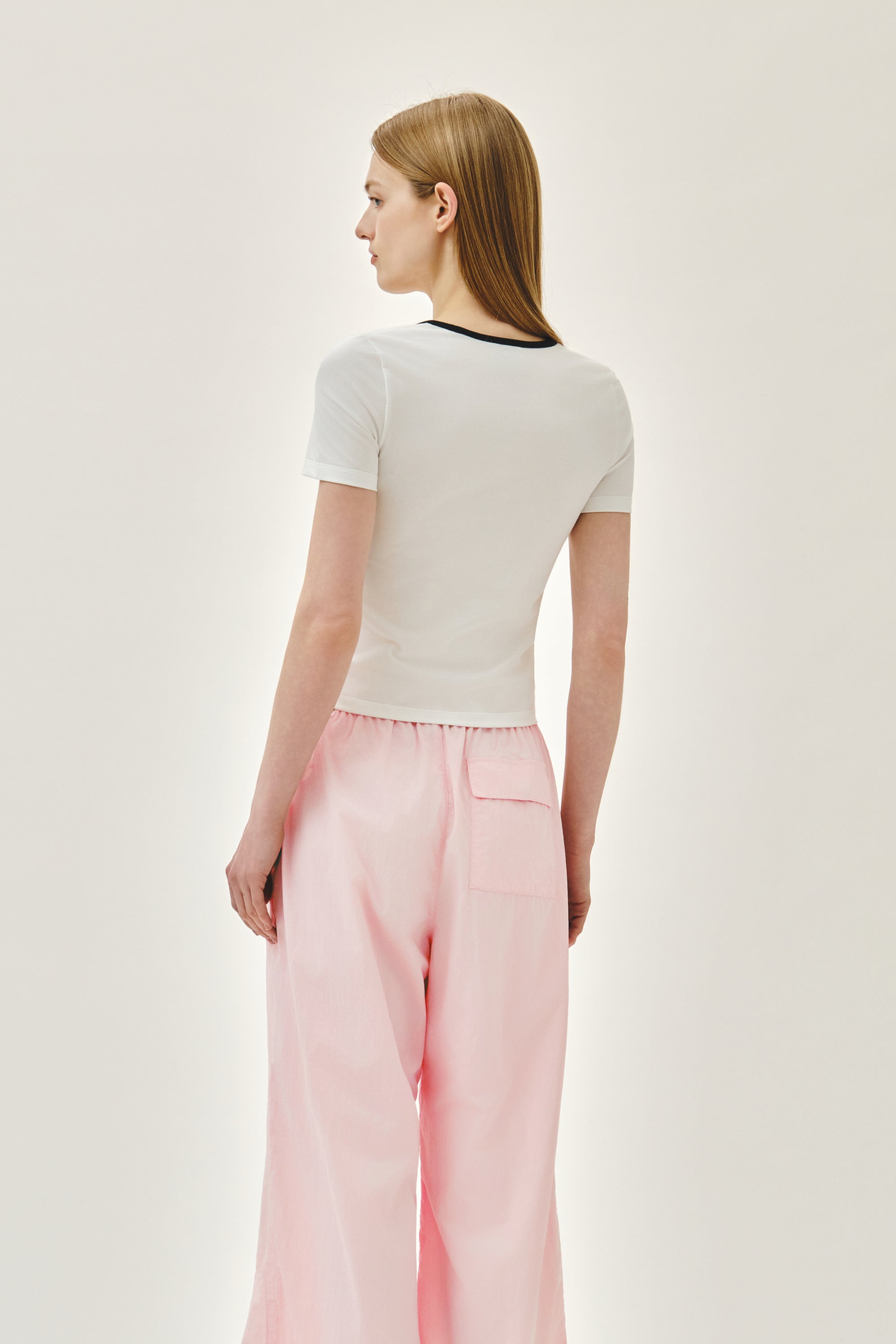 W Deep Neck Ringer Tee White
