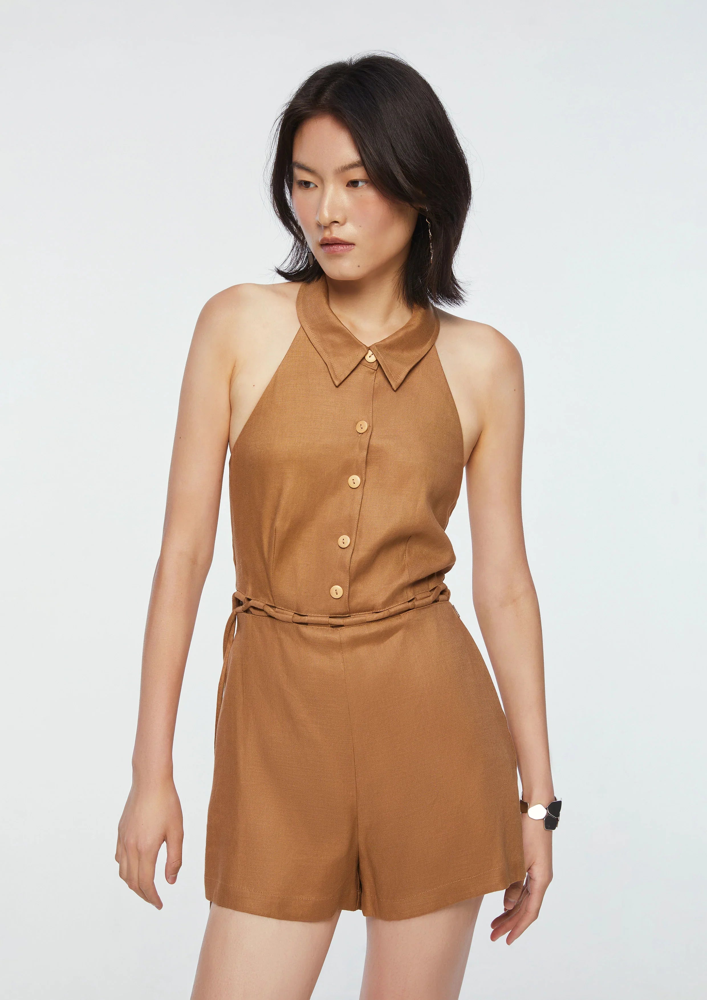 Halter Neck Linen Romper with Waist Tie