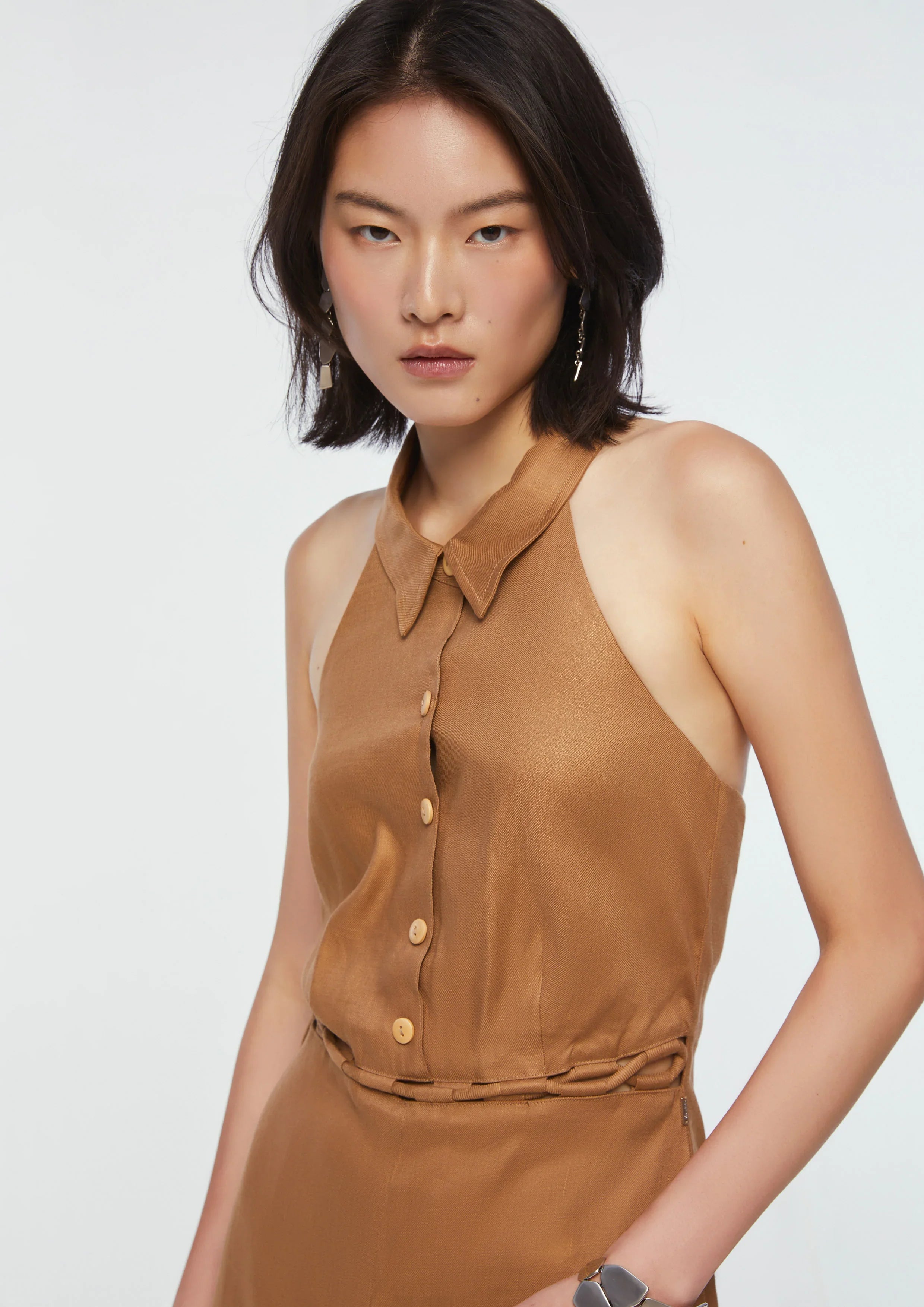 Halter Neck Linen Romper with Waist Tie