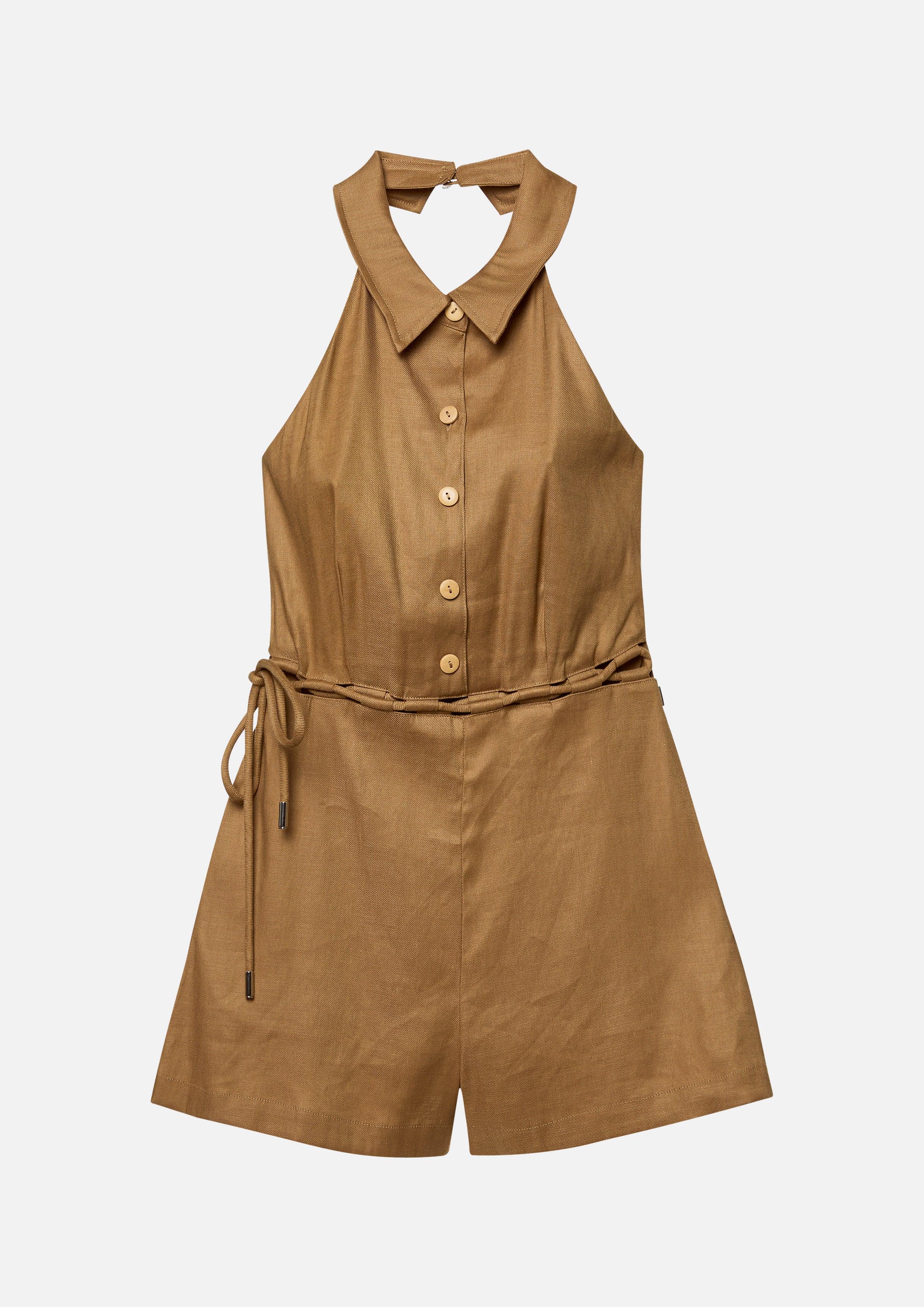 Halter Neck Linen Romper with Waist Tie