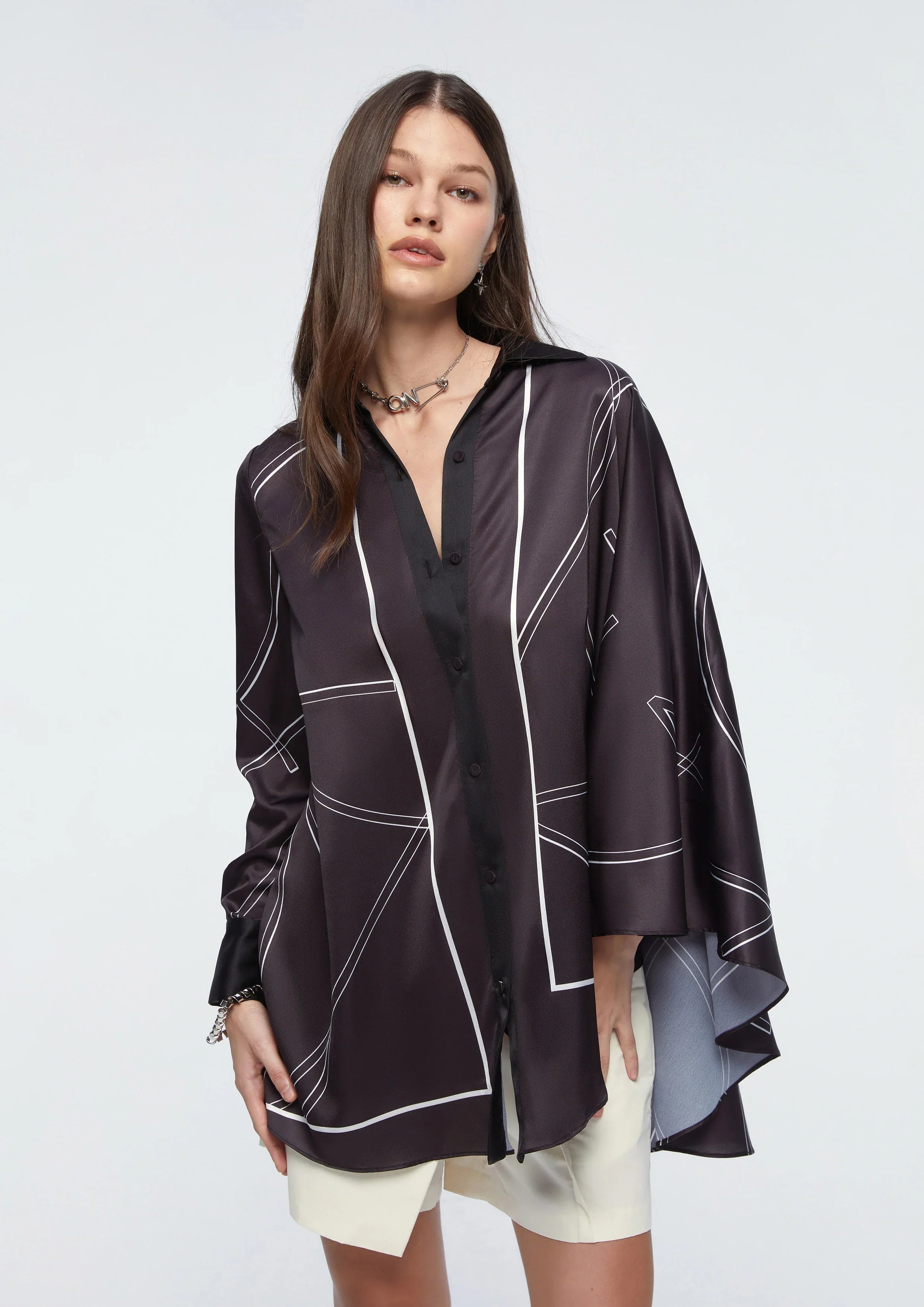 Asymmetric Hem Satin Shirt - Studiofour