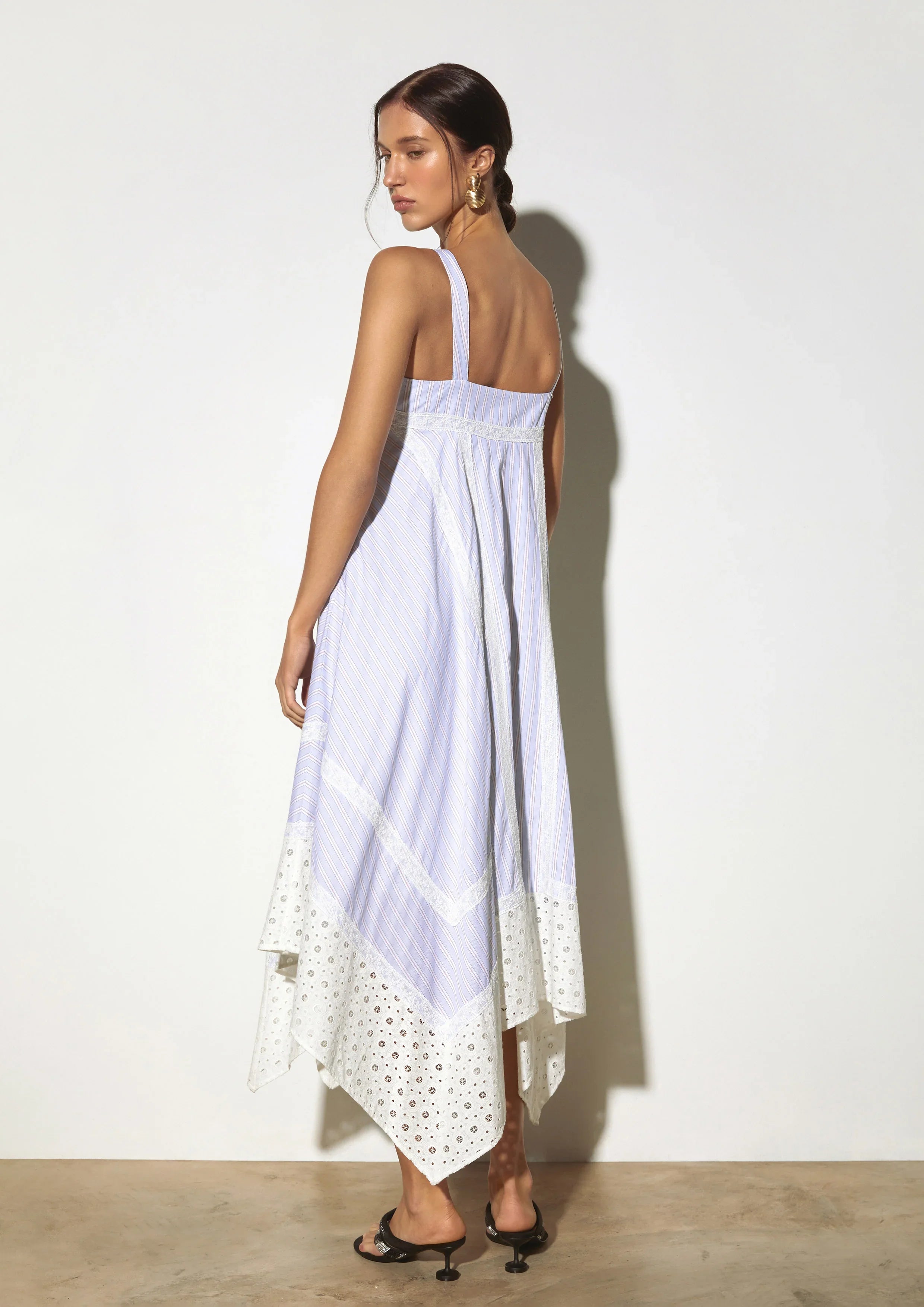 Striped Handkerchief-Hem Midi Dress with Eyelet Trim
