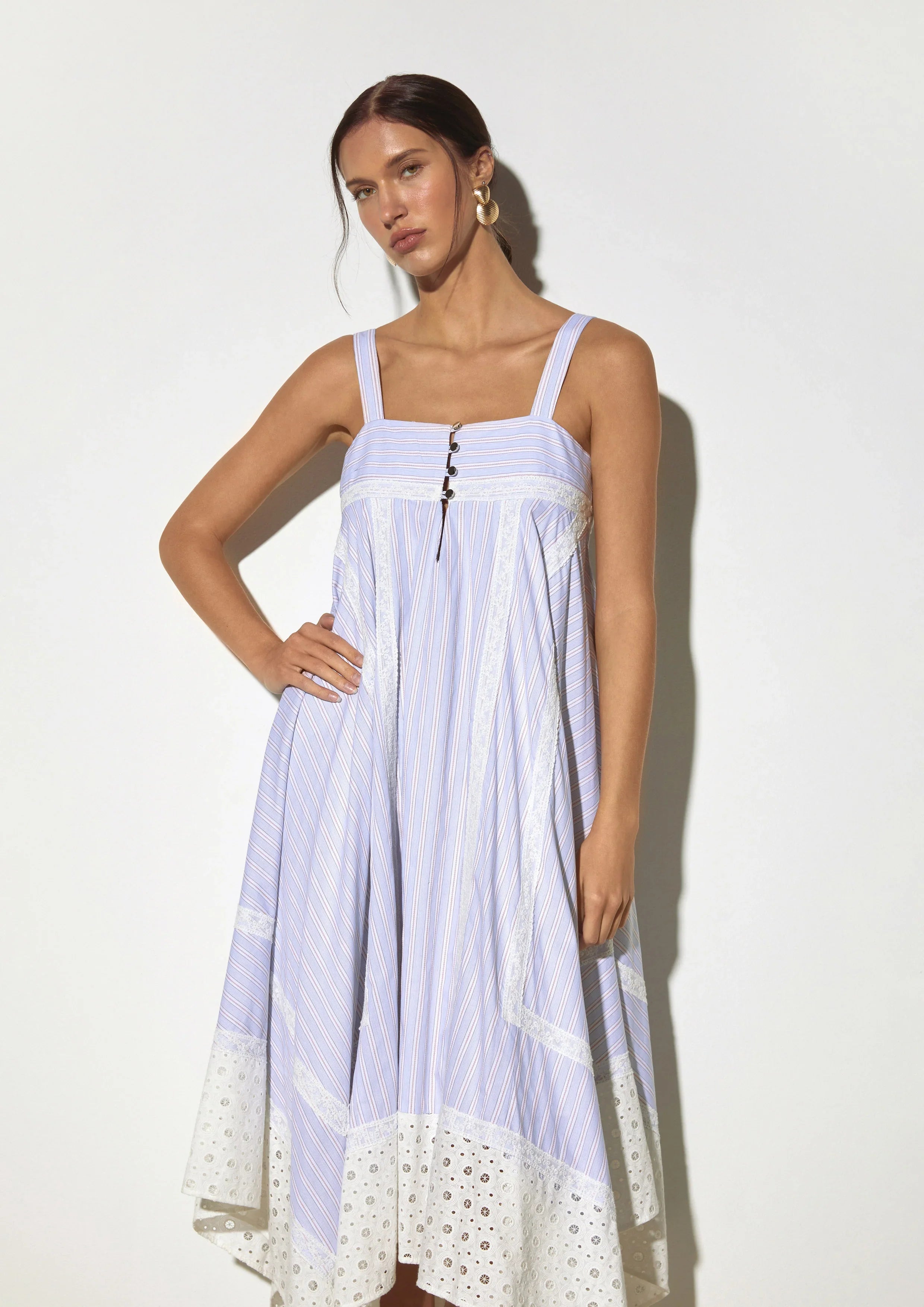 Striped Handkerchief-Hem Midi Dress with Eyelet Trim