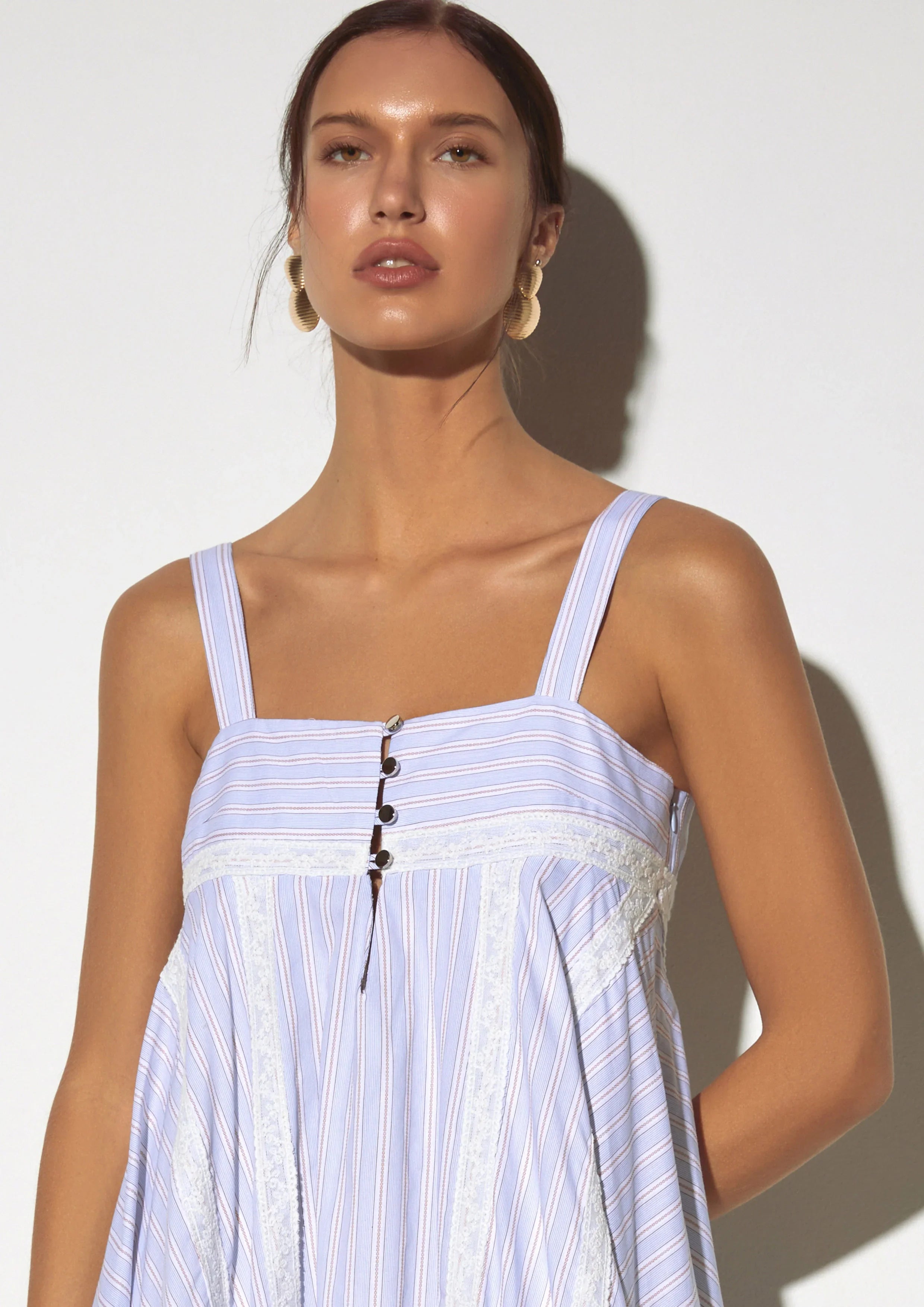 Striped Handkerchief-Hem Midi Dress with Eyelet Trim