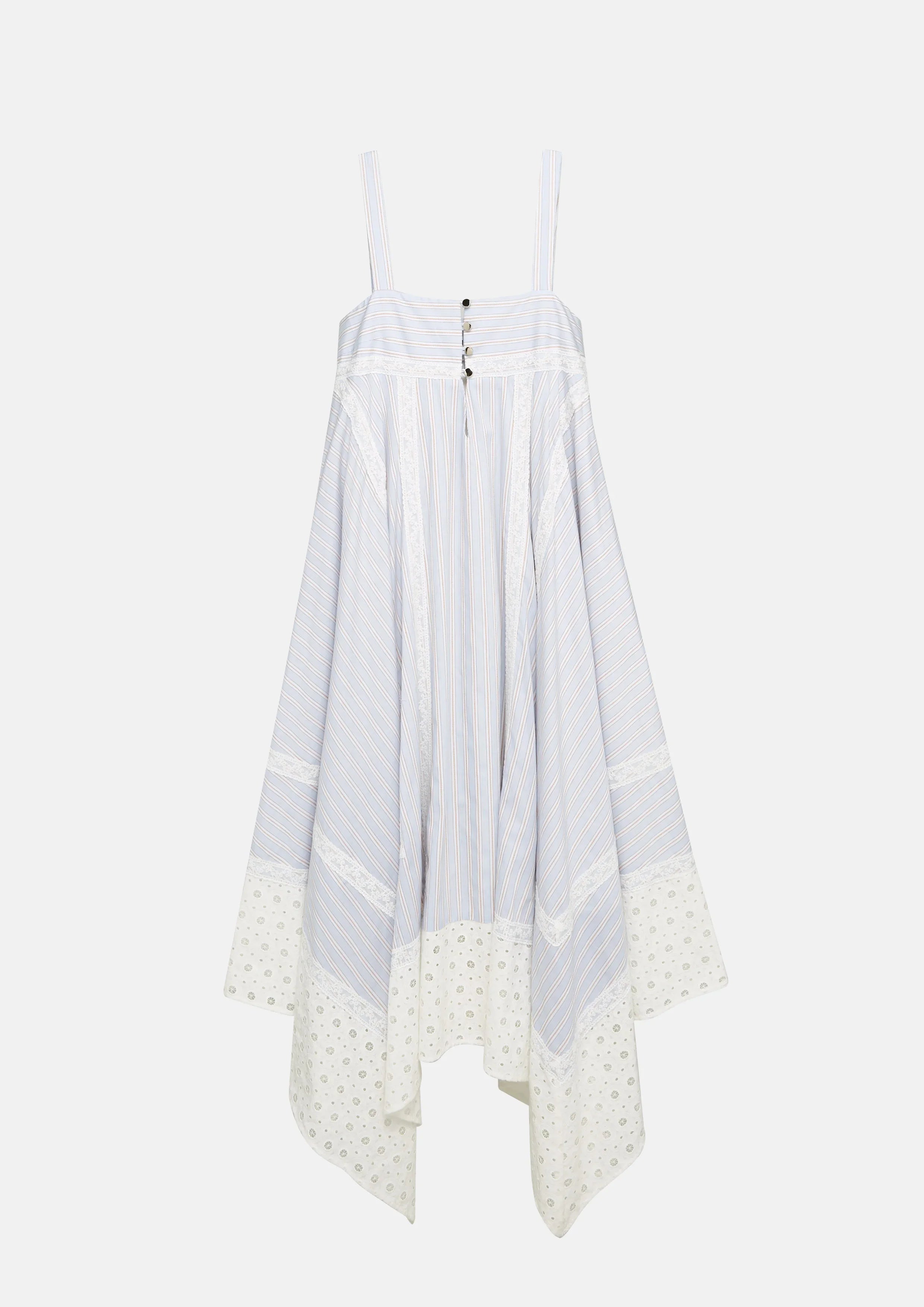 Striped Handkerchief-Hem Midi Dress with Eyelet Trim