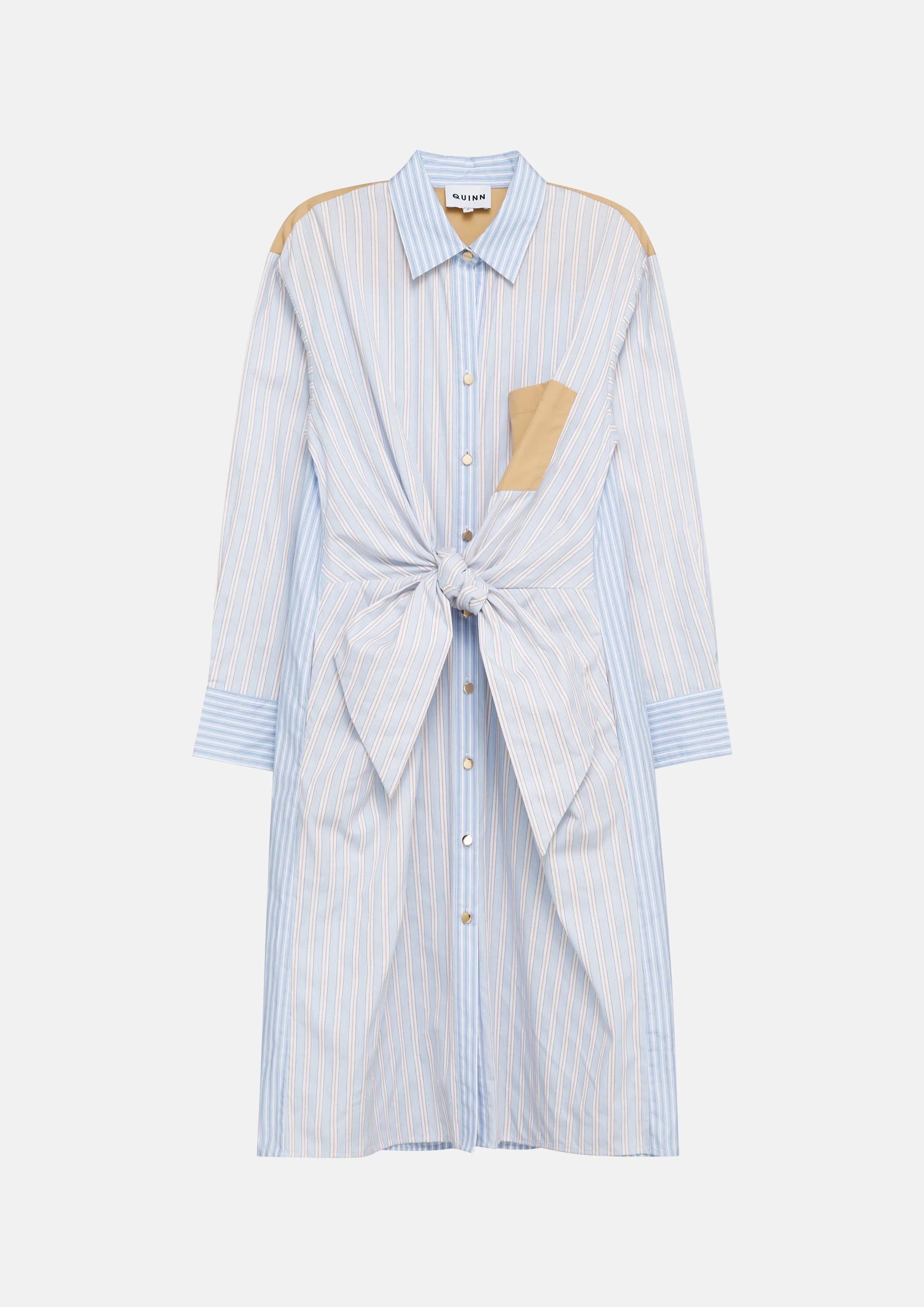 Two-Tone Striped Shirt Dress with Front Knot