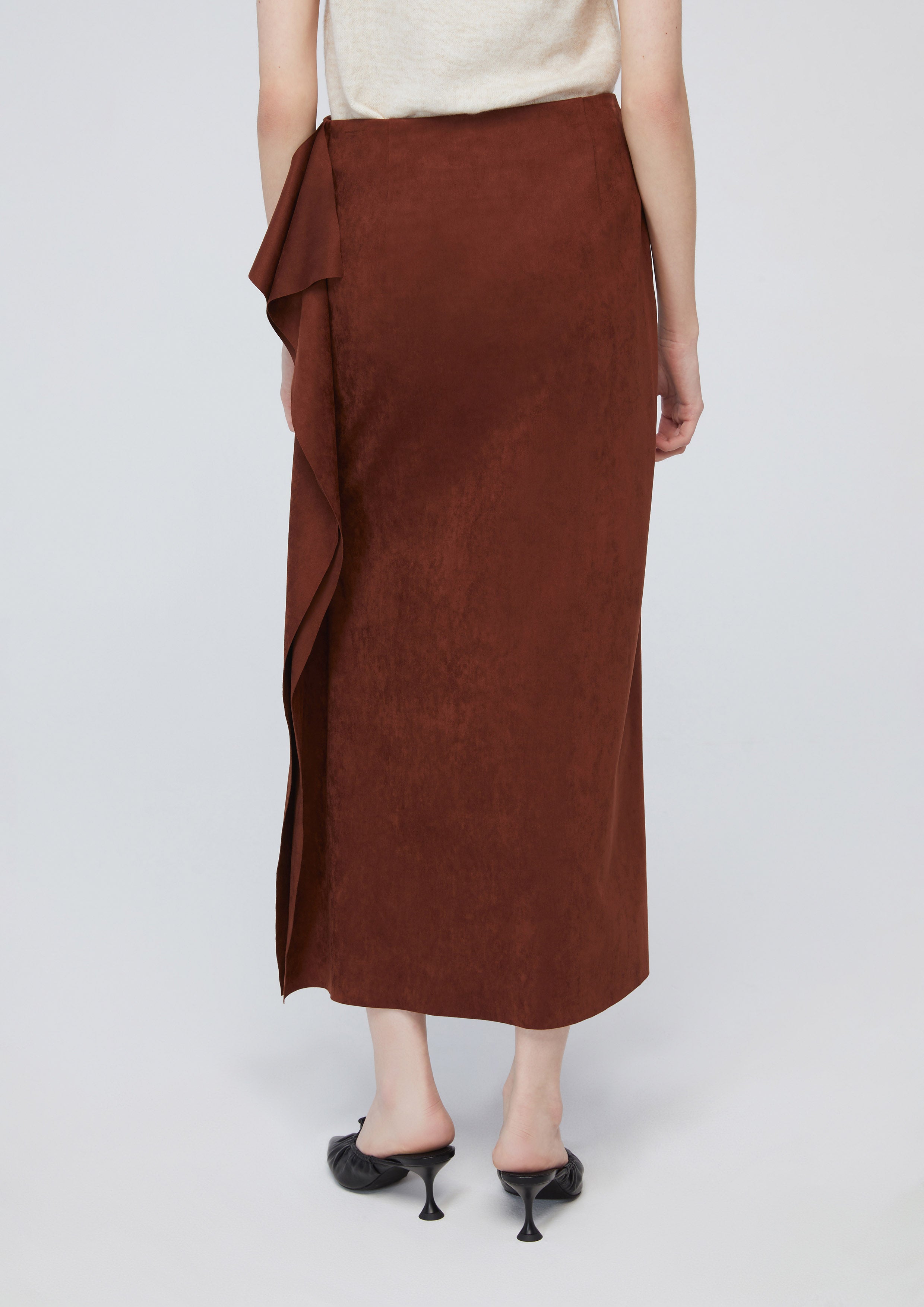 กระโปรงมิดิหนังกลับแต่งผ้าระบาย