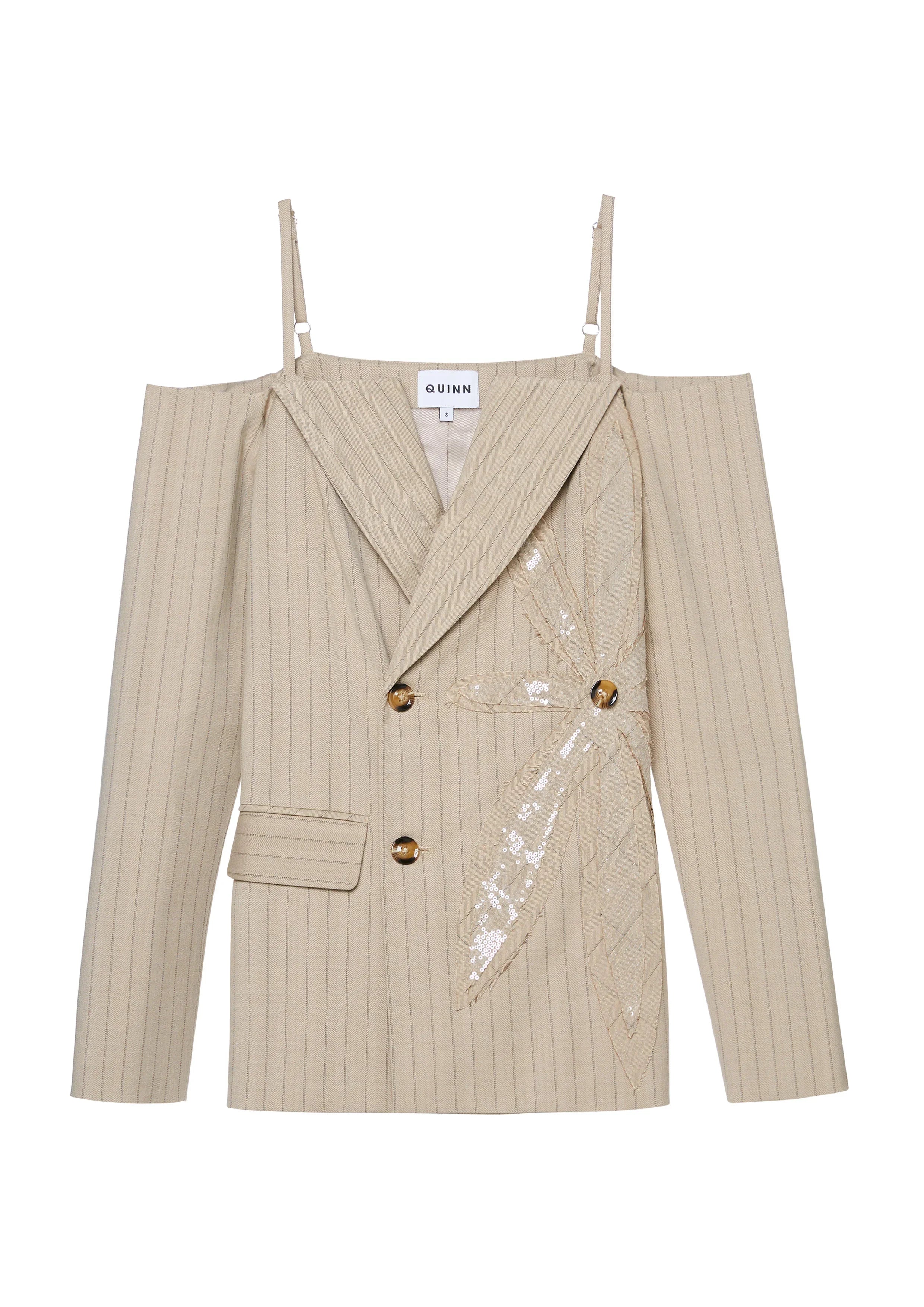 เสื้อเปิดไหล่ลายทางแต่งดอกไม้เลื่อม