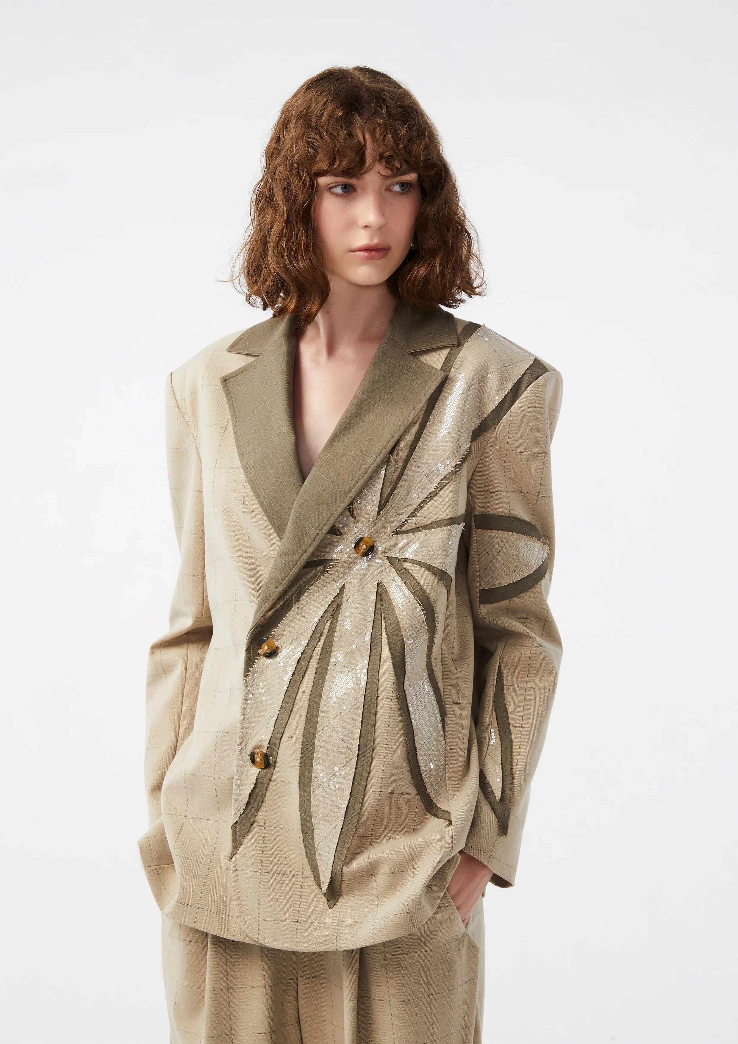 Checkered and Sequin Floral Embellished Blazer