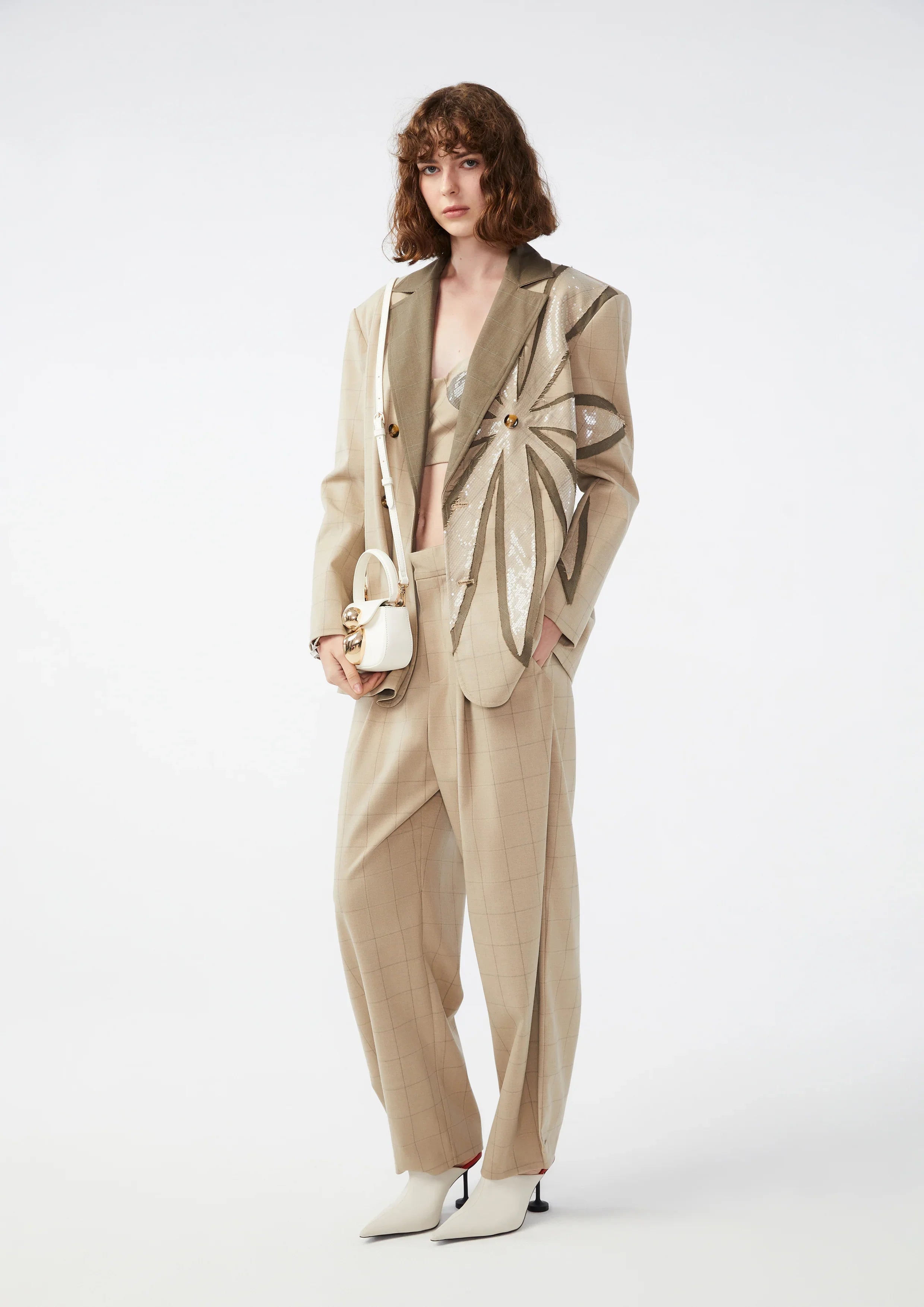 Checkered and Sequin Floral Embellished Blazer