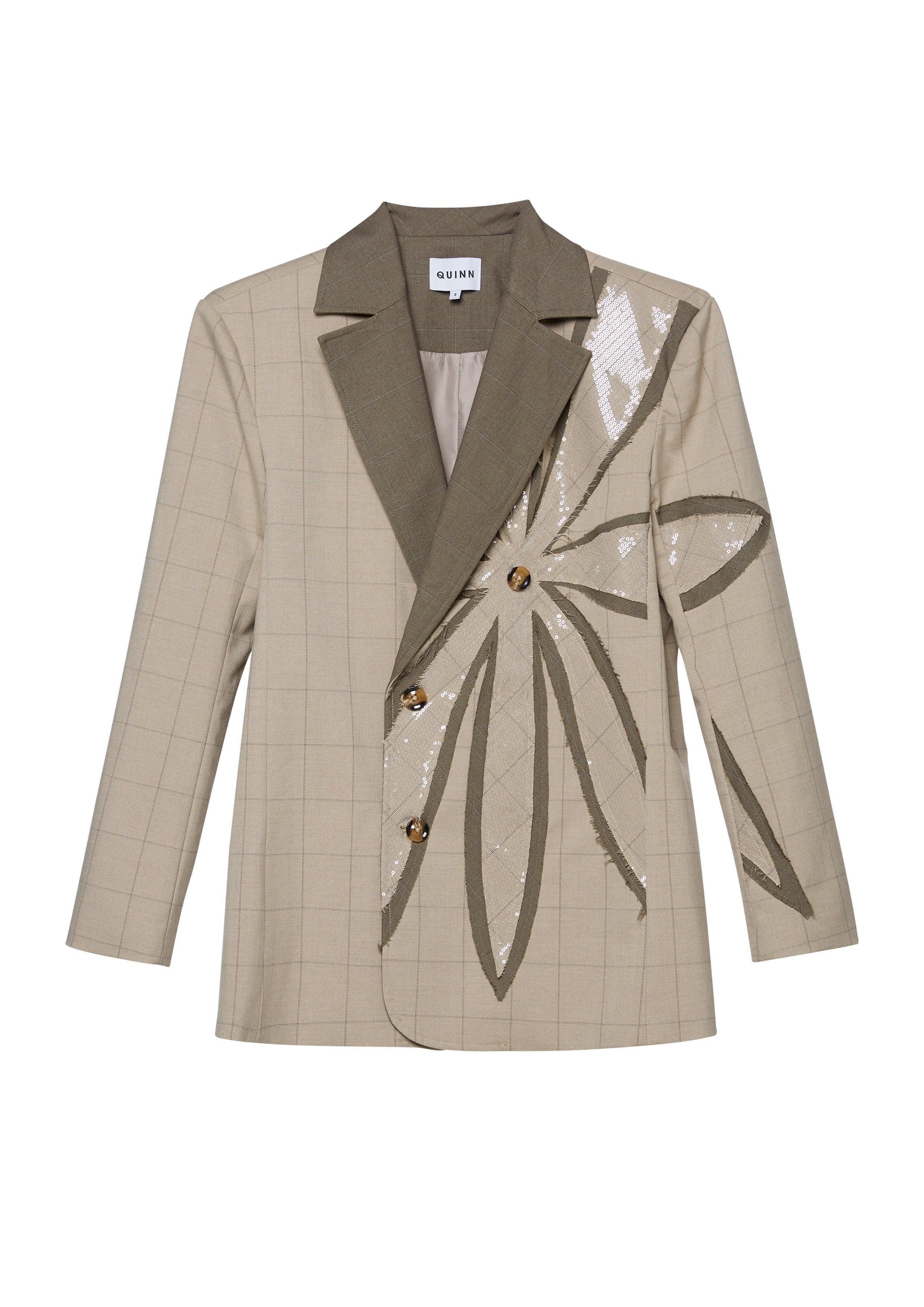 Checkered and Sequin Floral Embellished Blazer