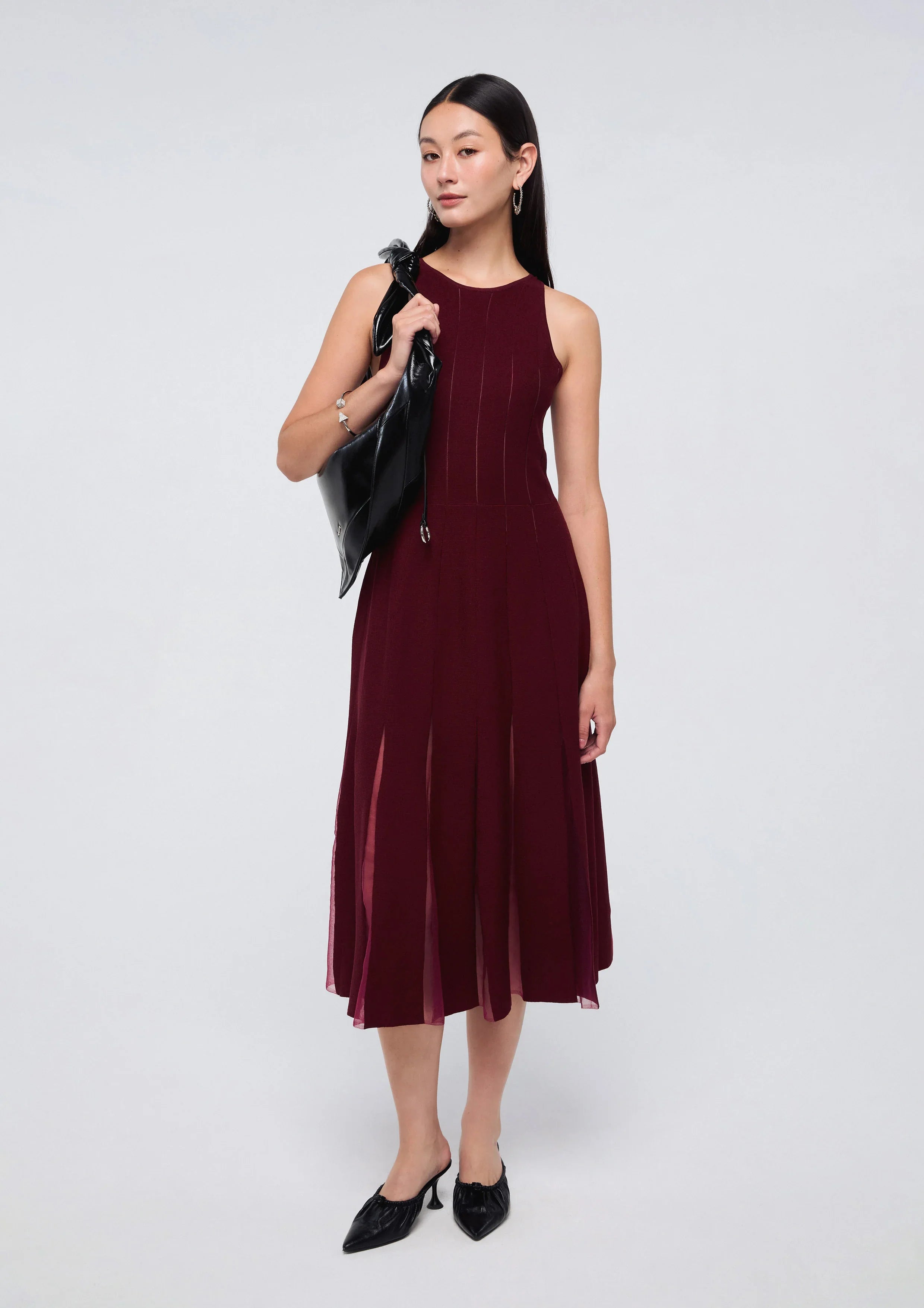 เดรสมิดิกระโปรงพาแนลผ้าเชียร์