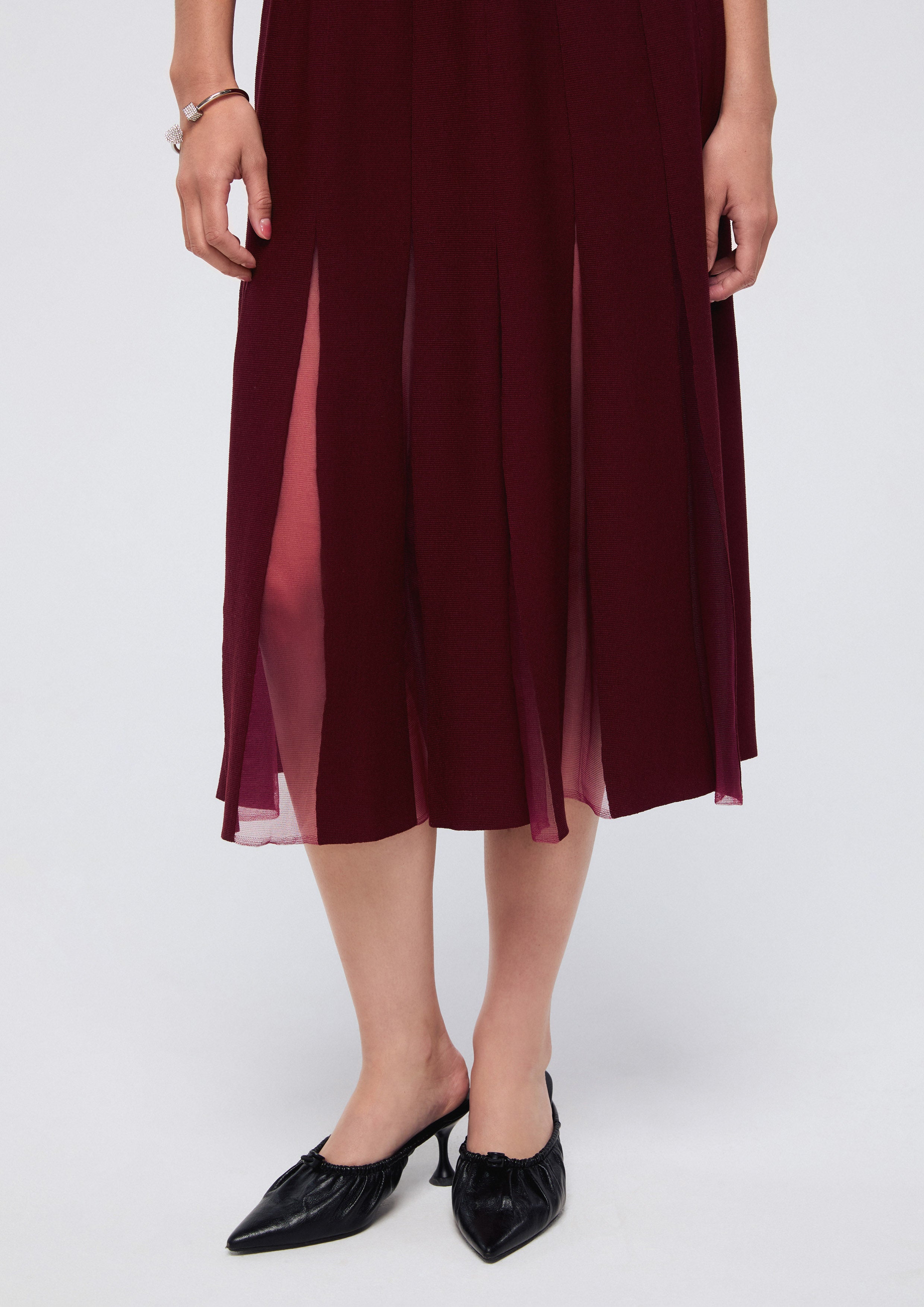 เดรสมิดิกระโปรงพาแนลผ้าเชียร์