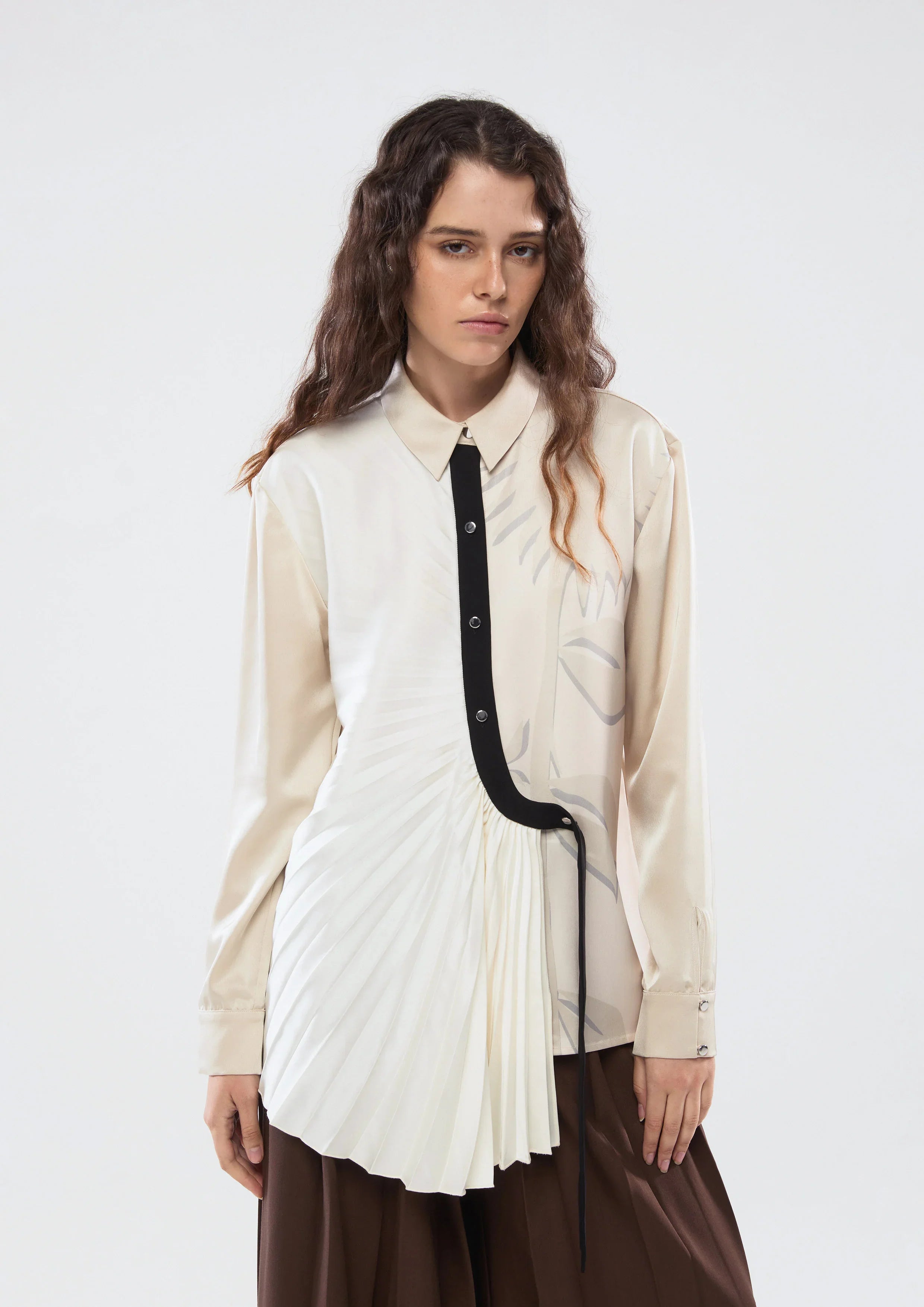 Front Drape Pleated With Print Satin Shirt