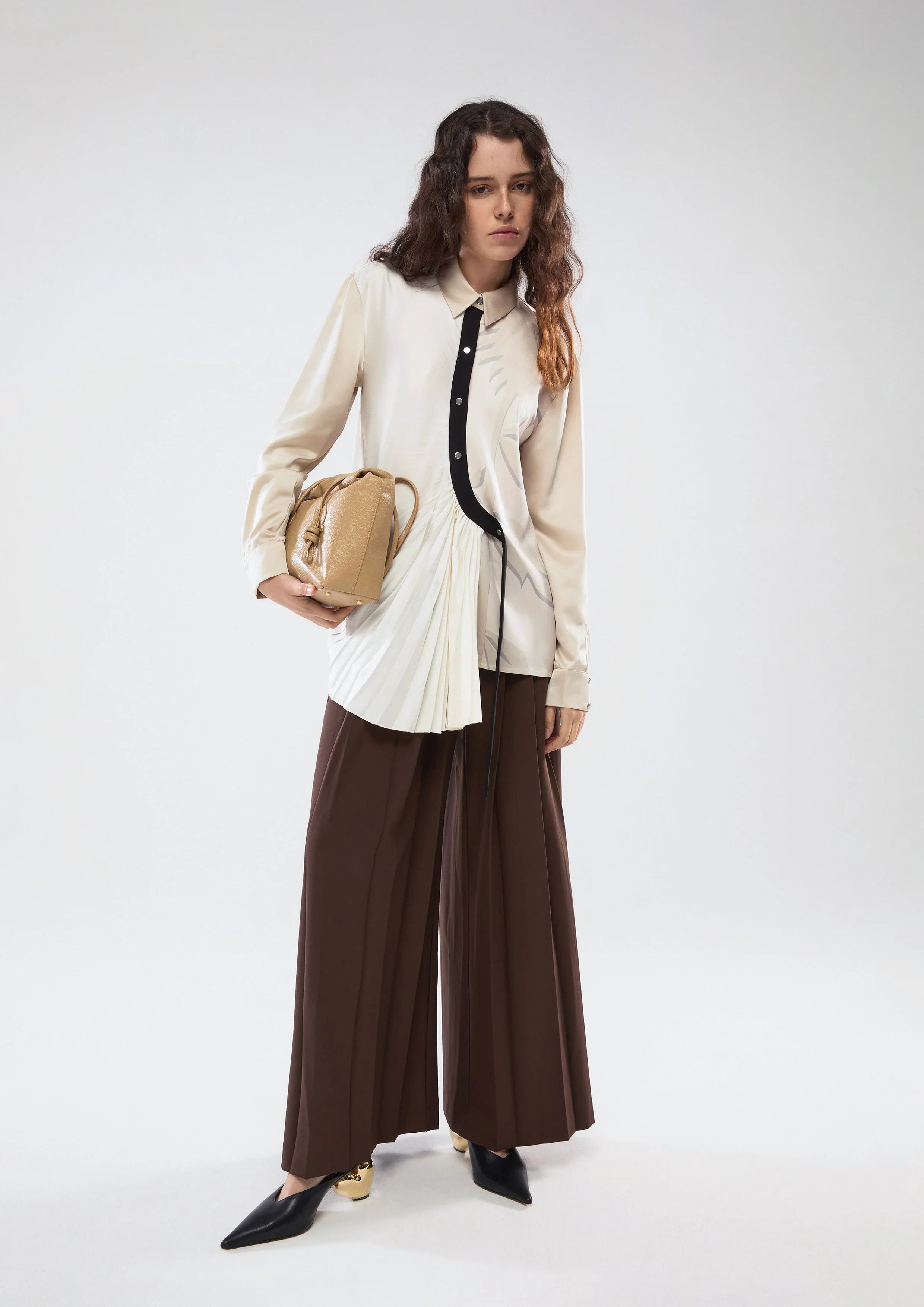 Front Drape Pleated With Print Satin Shirt