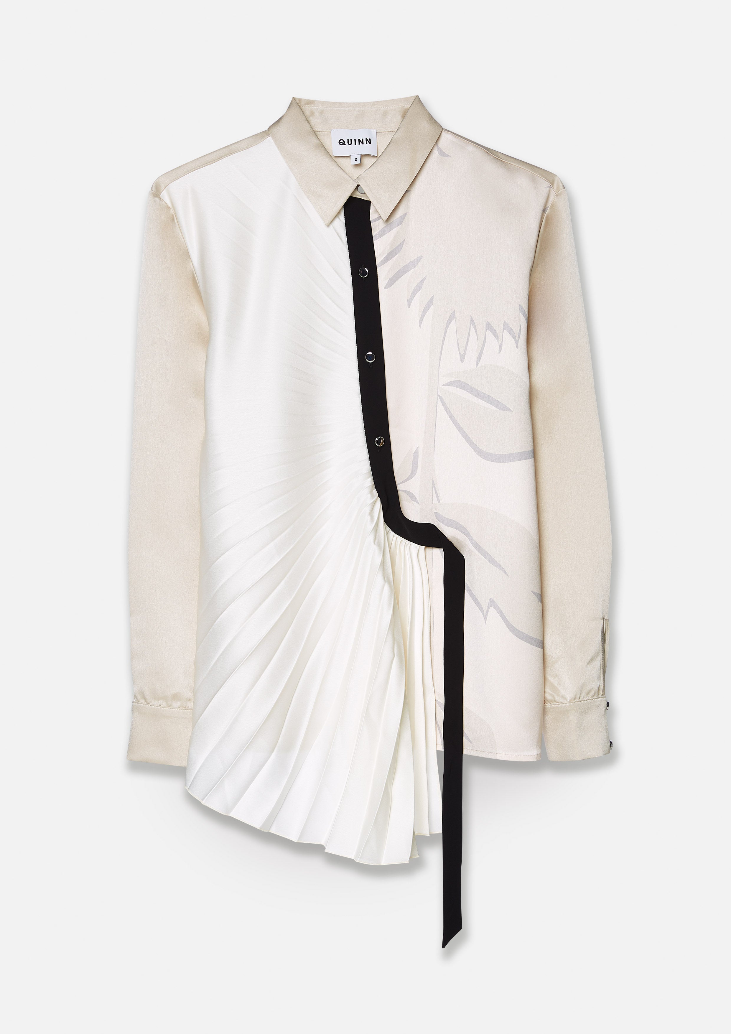 เสื้อเชิ้ตแขนยาวแต่งผ้าพลีทและลายพิมพ์