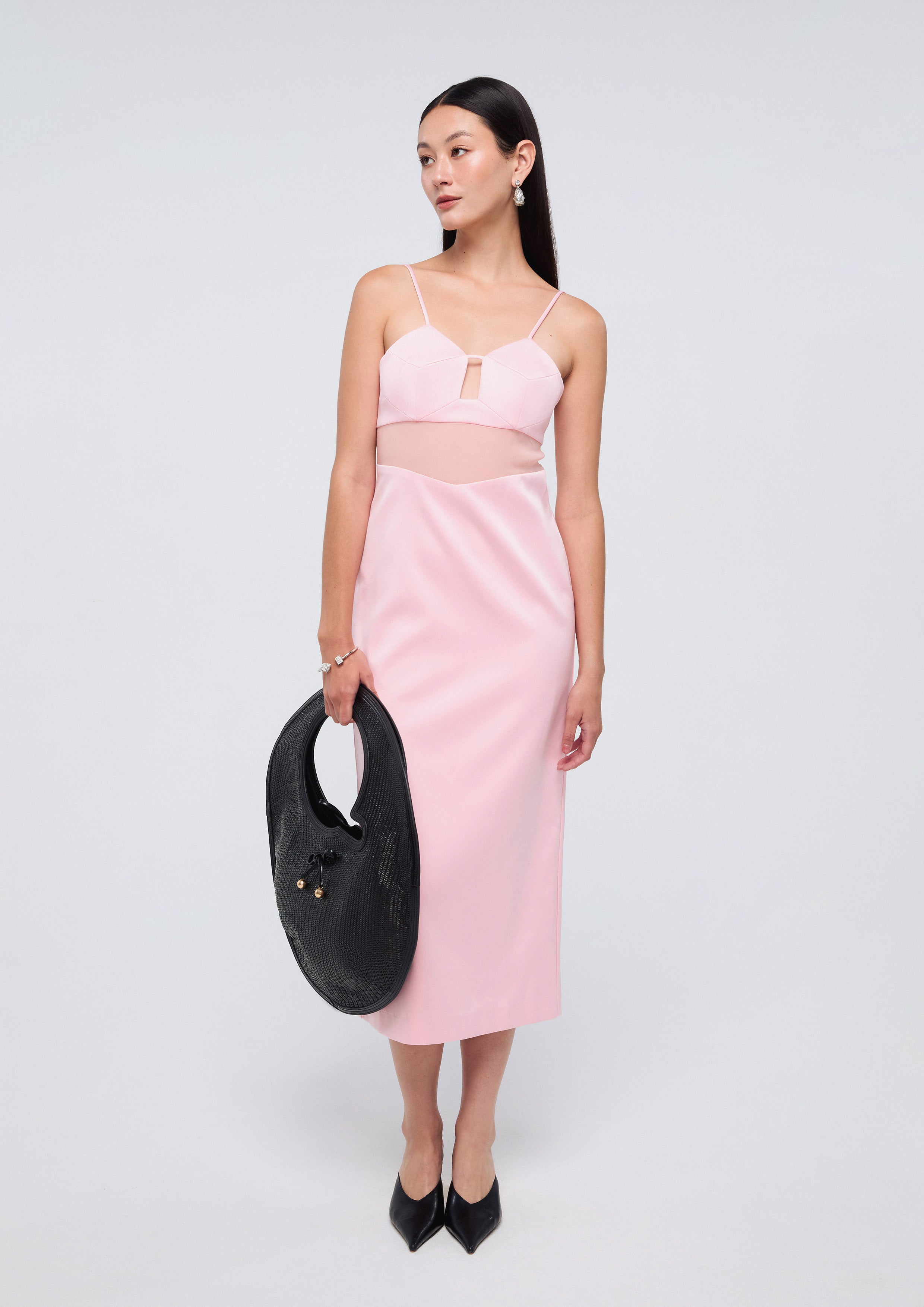 sheer panel dress XS Cami Strap Sheer Panel Midi Dress