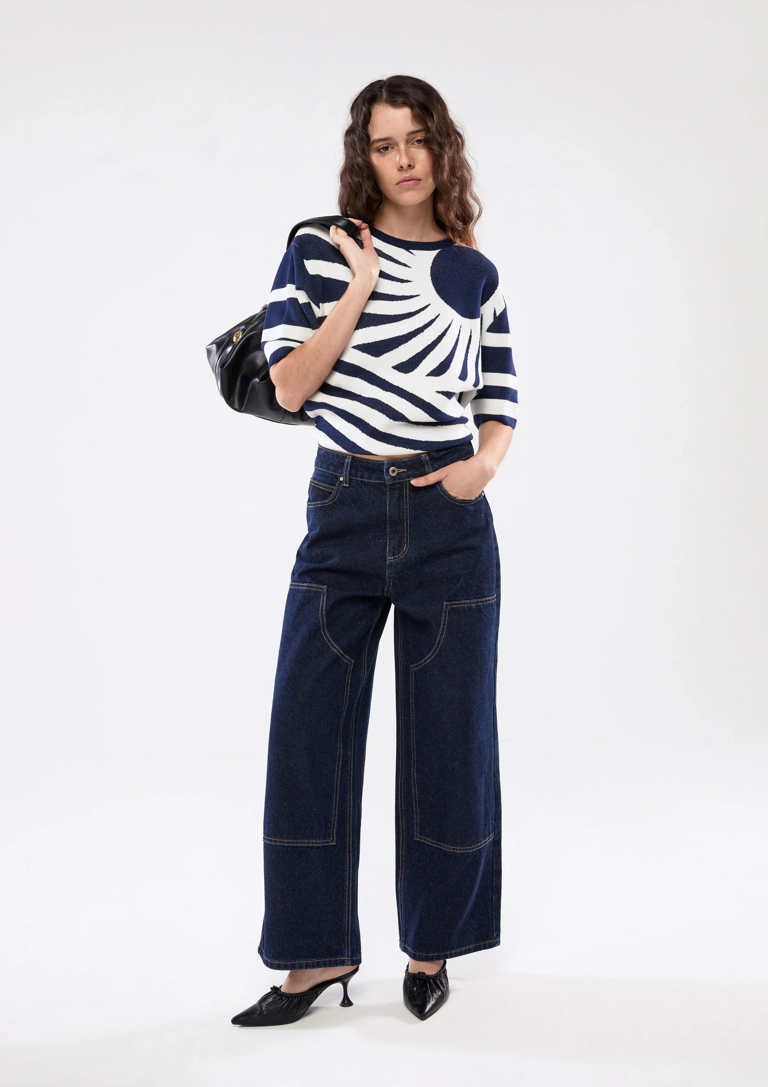 กางเกงเดนิมขายาวทรงคาร์โก้ด้ายสีคอนทราสต์