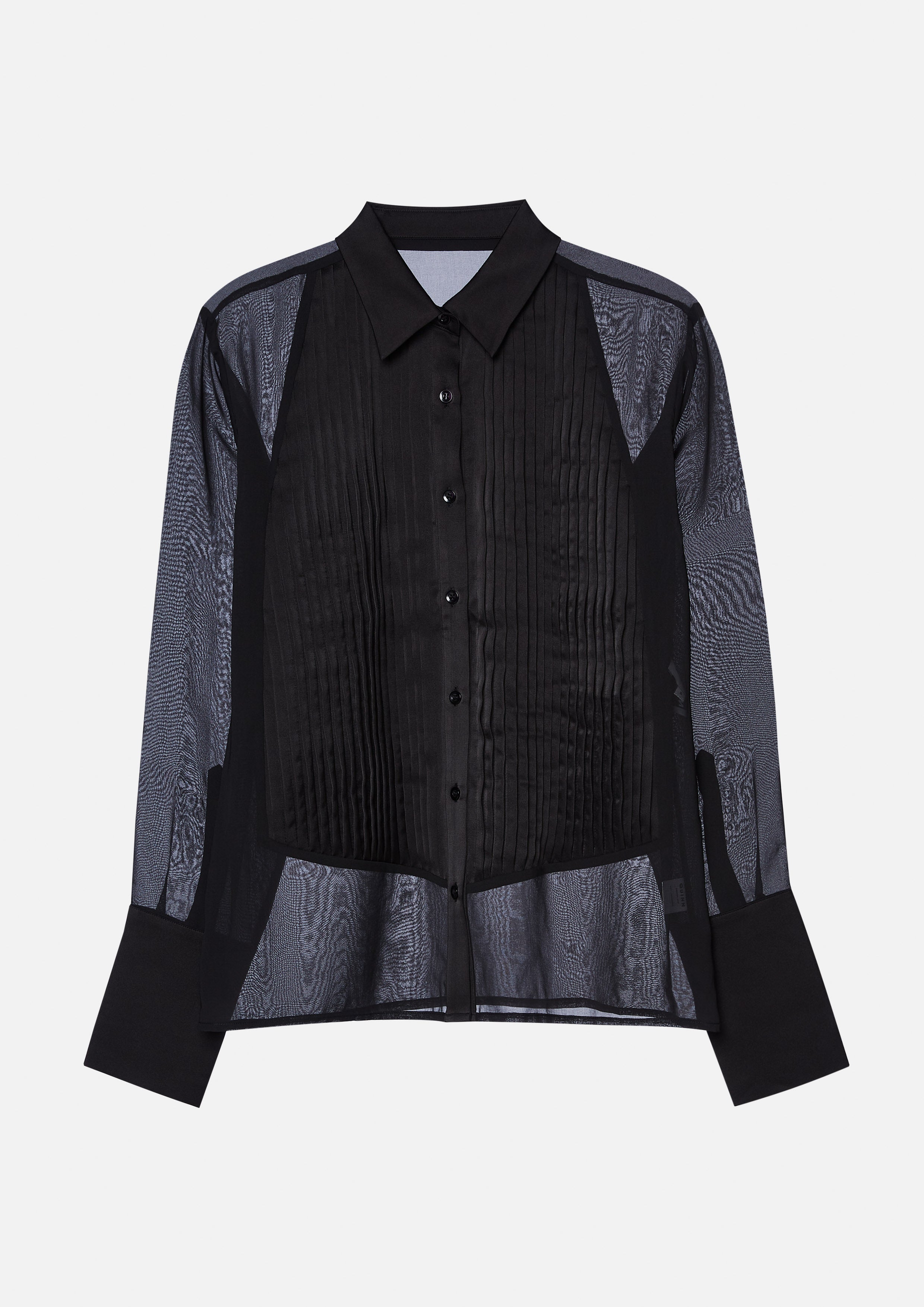 เสื้อเชิ้ตผ้าซีทรูแต่งผ้าพลีท