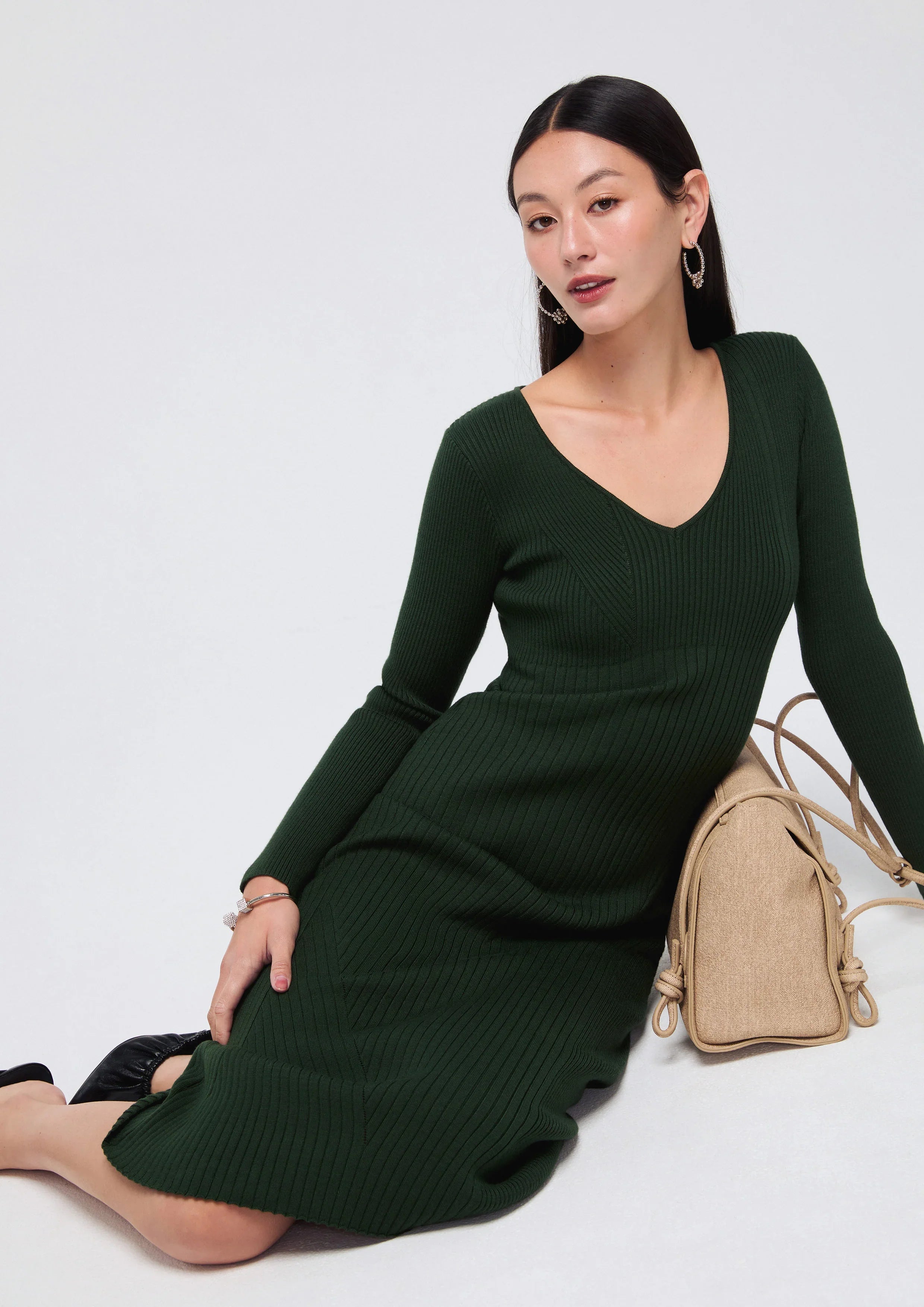 v neck knit midi dress Anna-Kaci Women's Long Sleeve Ribbed Knit Midi Dress with V-Neck and Waist Tie, Small 4-6 / Brown