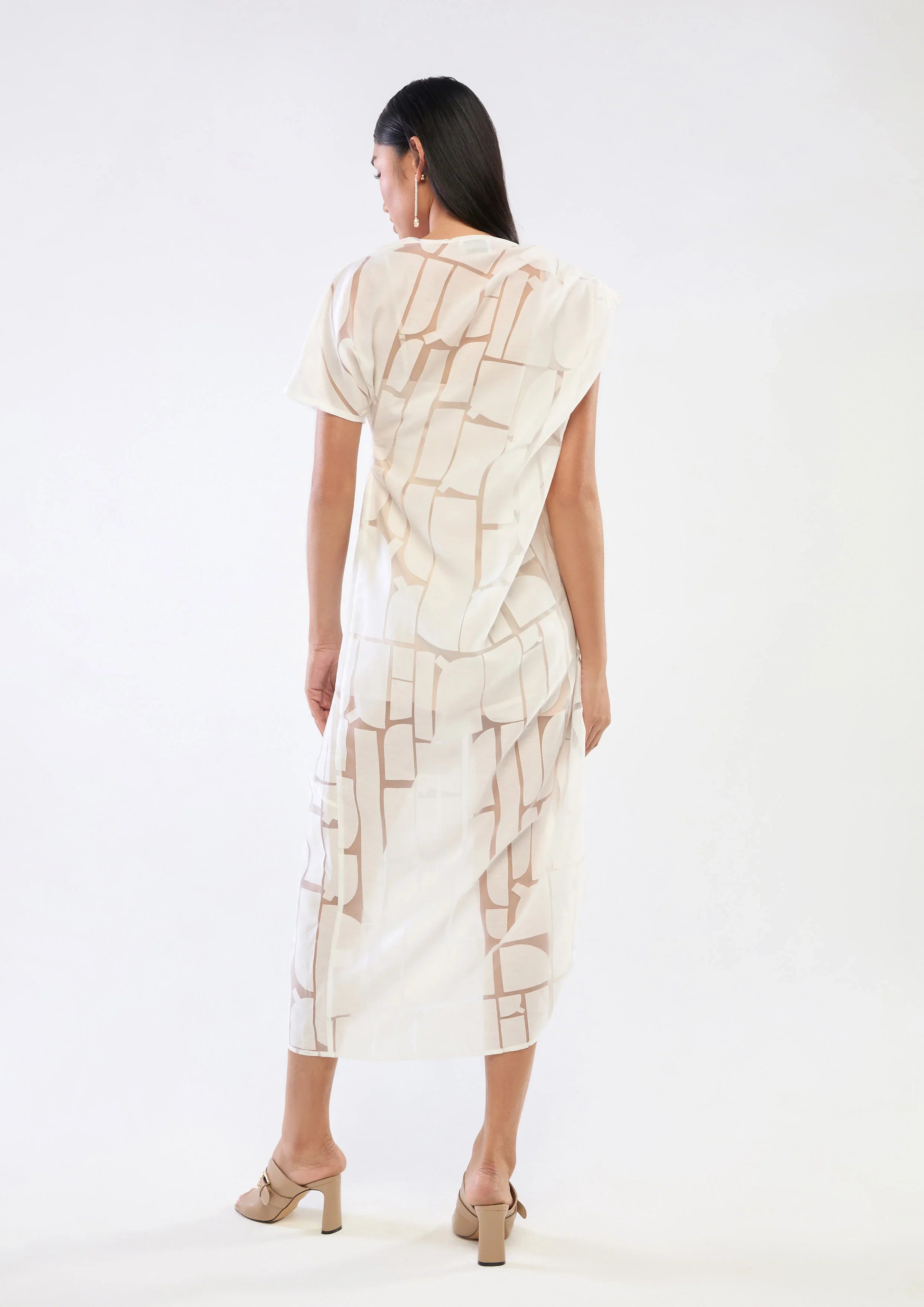 Drape Sheer Panel Midi Dress