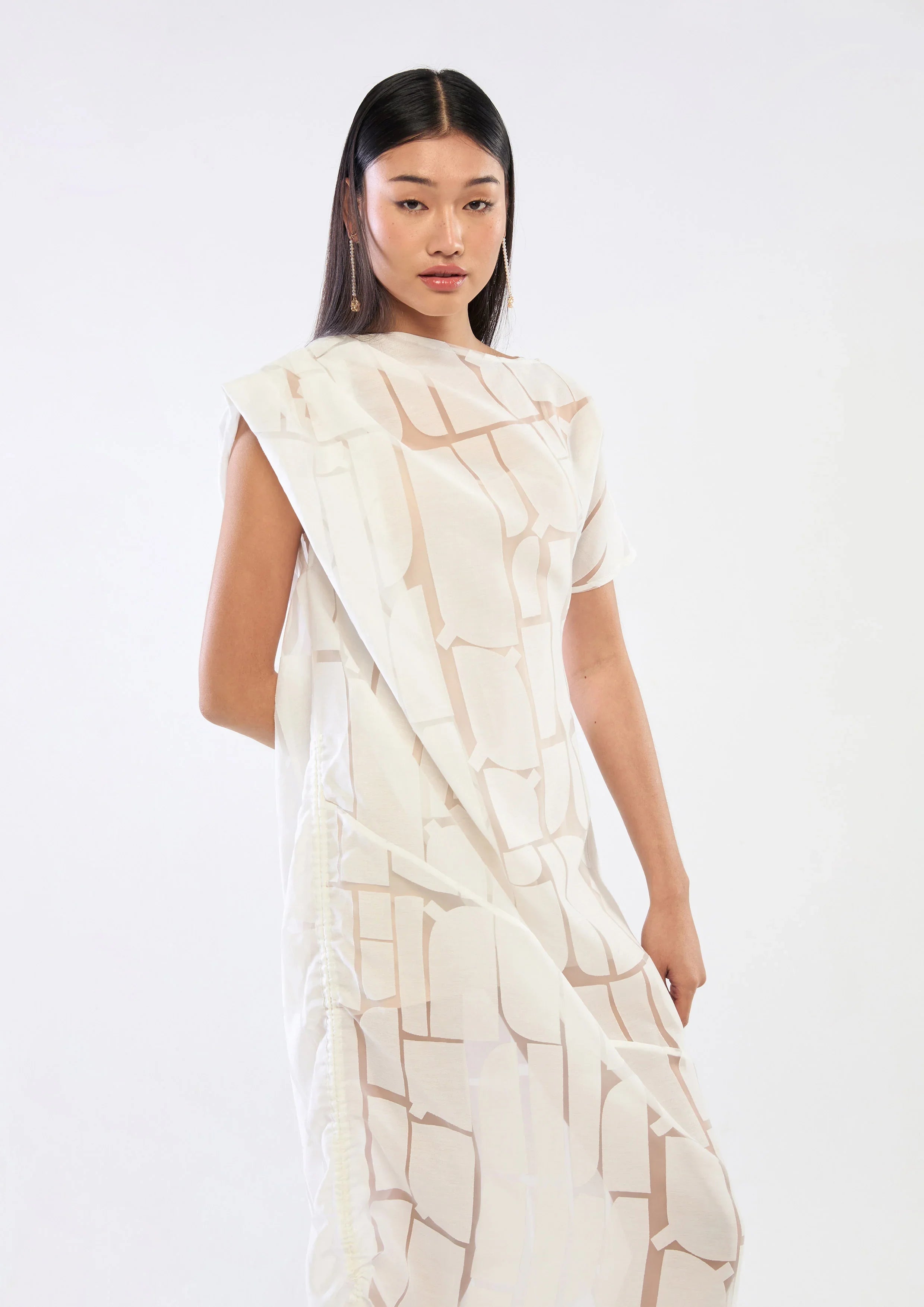 Drape Sheer Panel Midi Dress