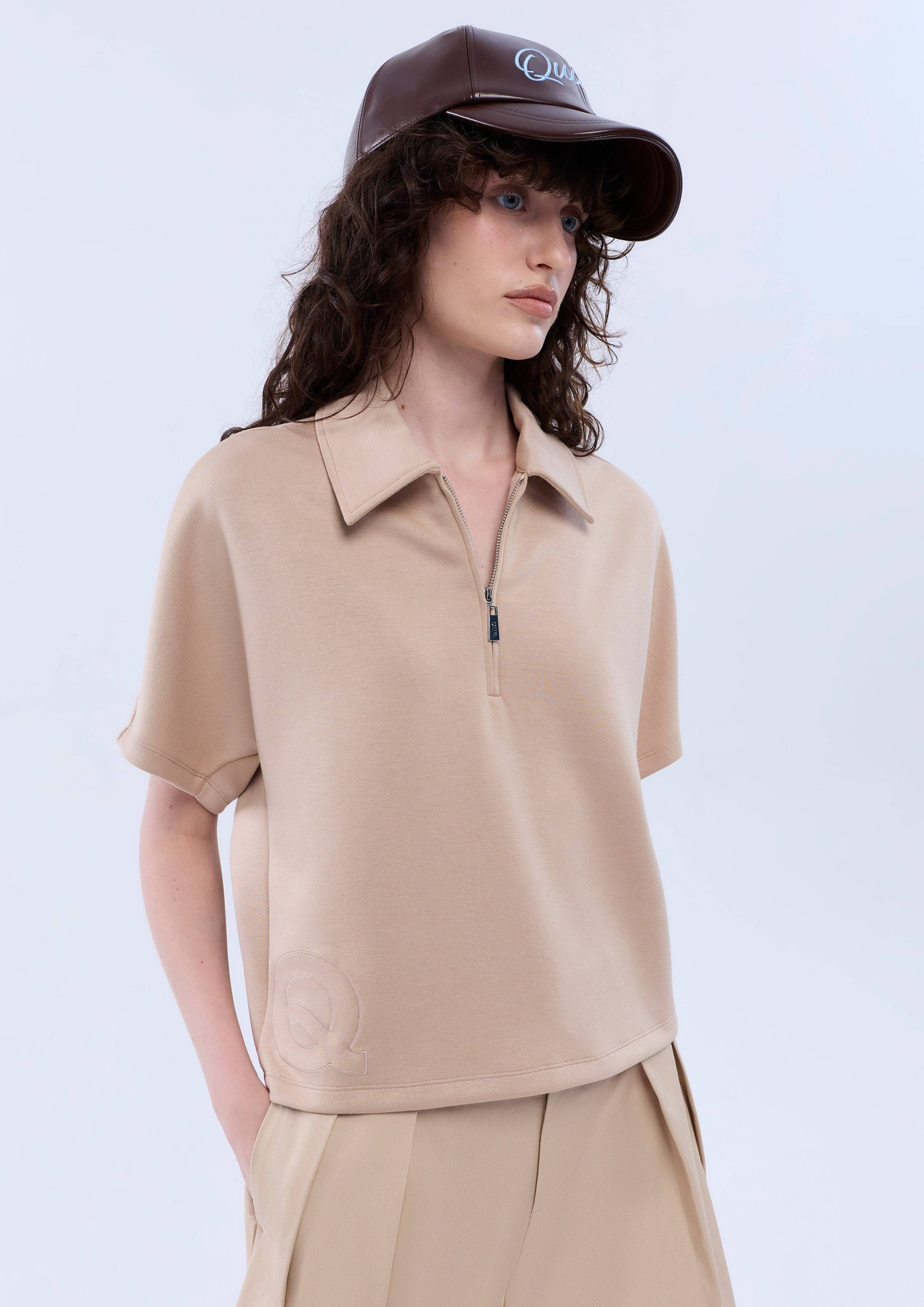 Embroidered Half-Zip Short Sleeve Top