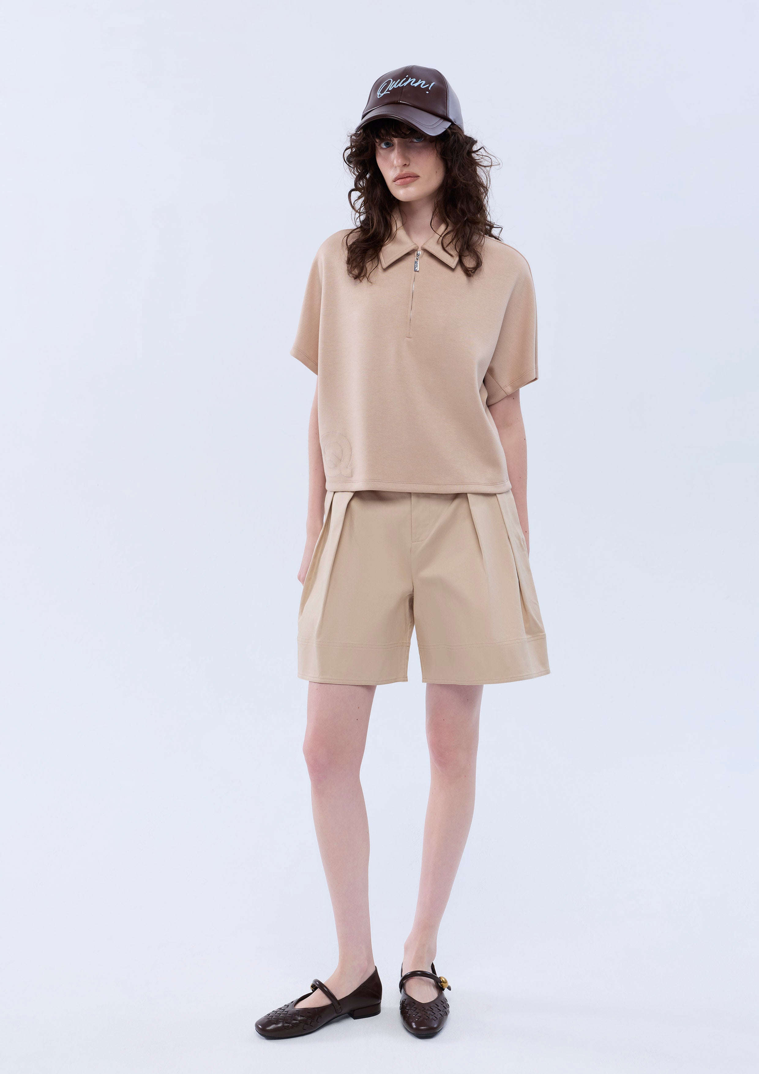 Embroidered Half-Zip Short Sleeve Top