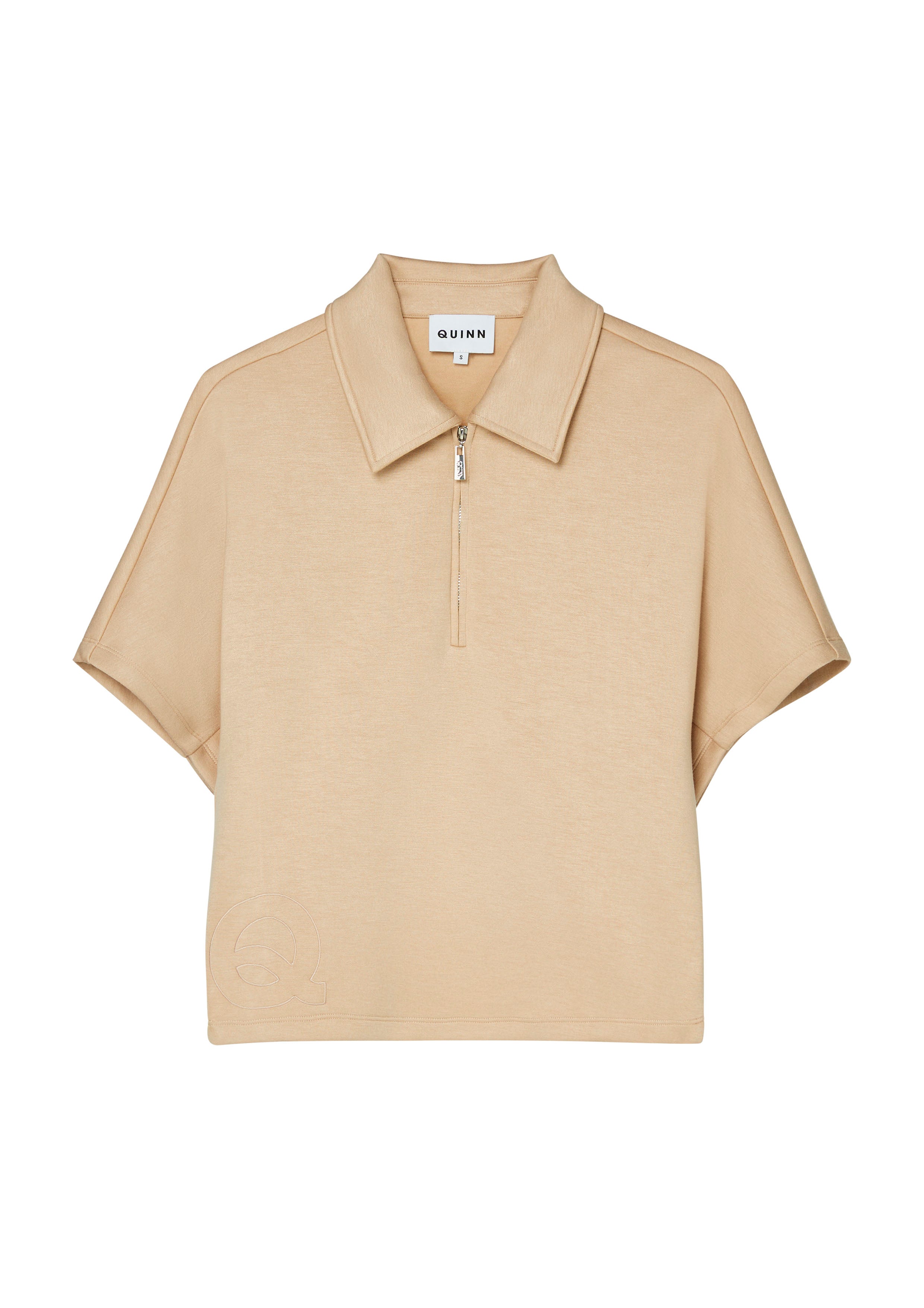 Embroidered Half-Zip Short Sleeve Top