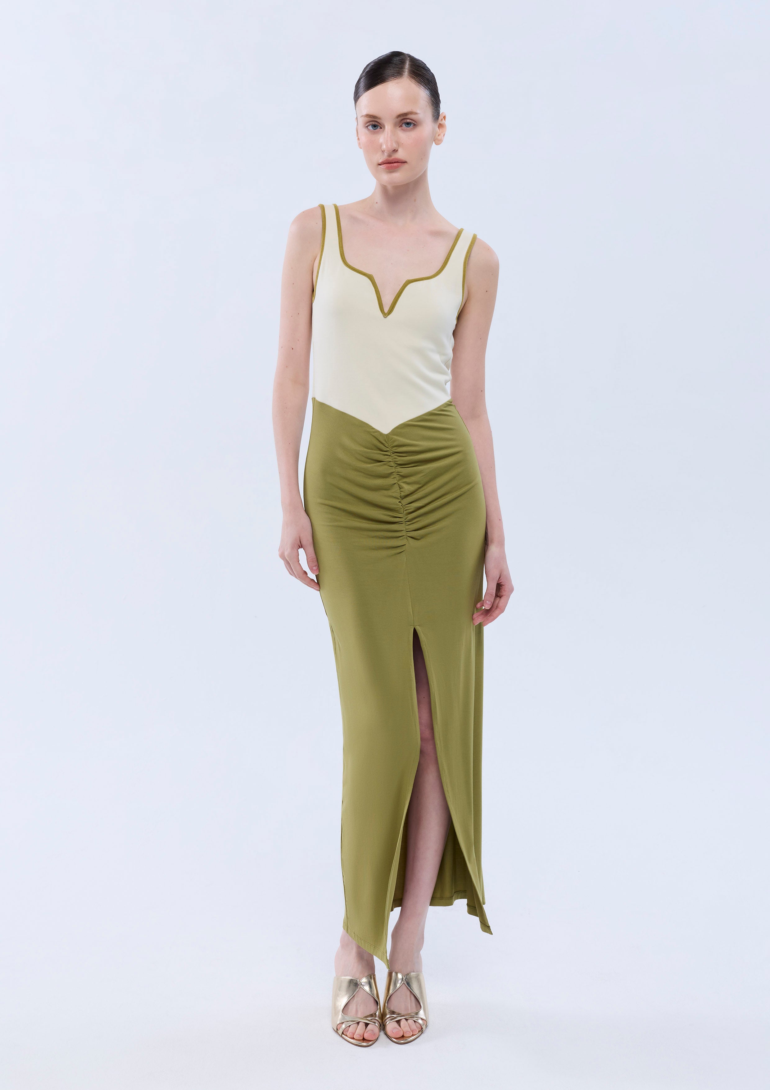 Ruched Waist Front Slit Maxi Dress