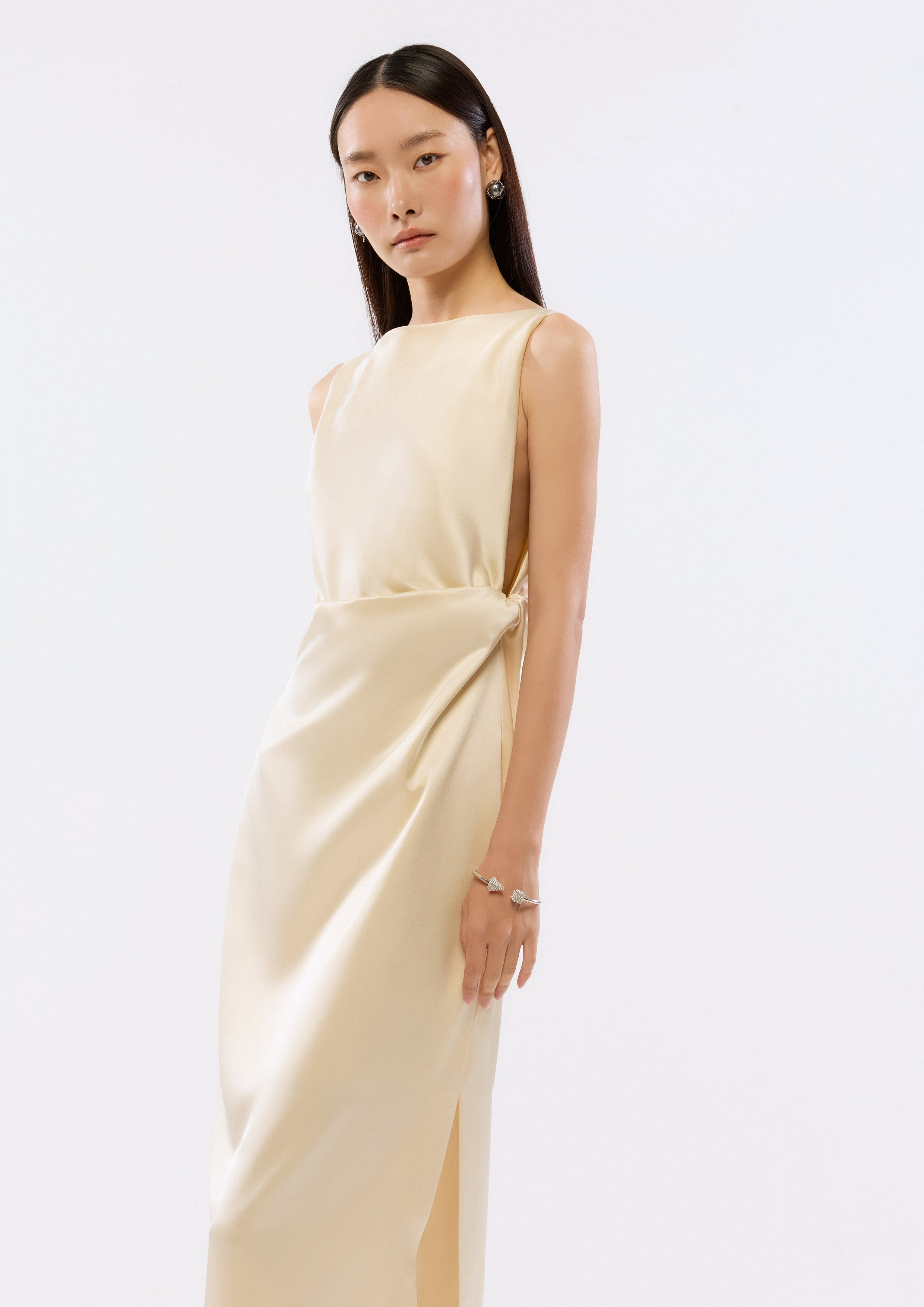 Side Drape Satin Maxi Dress