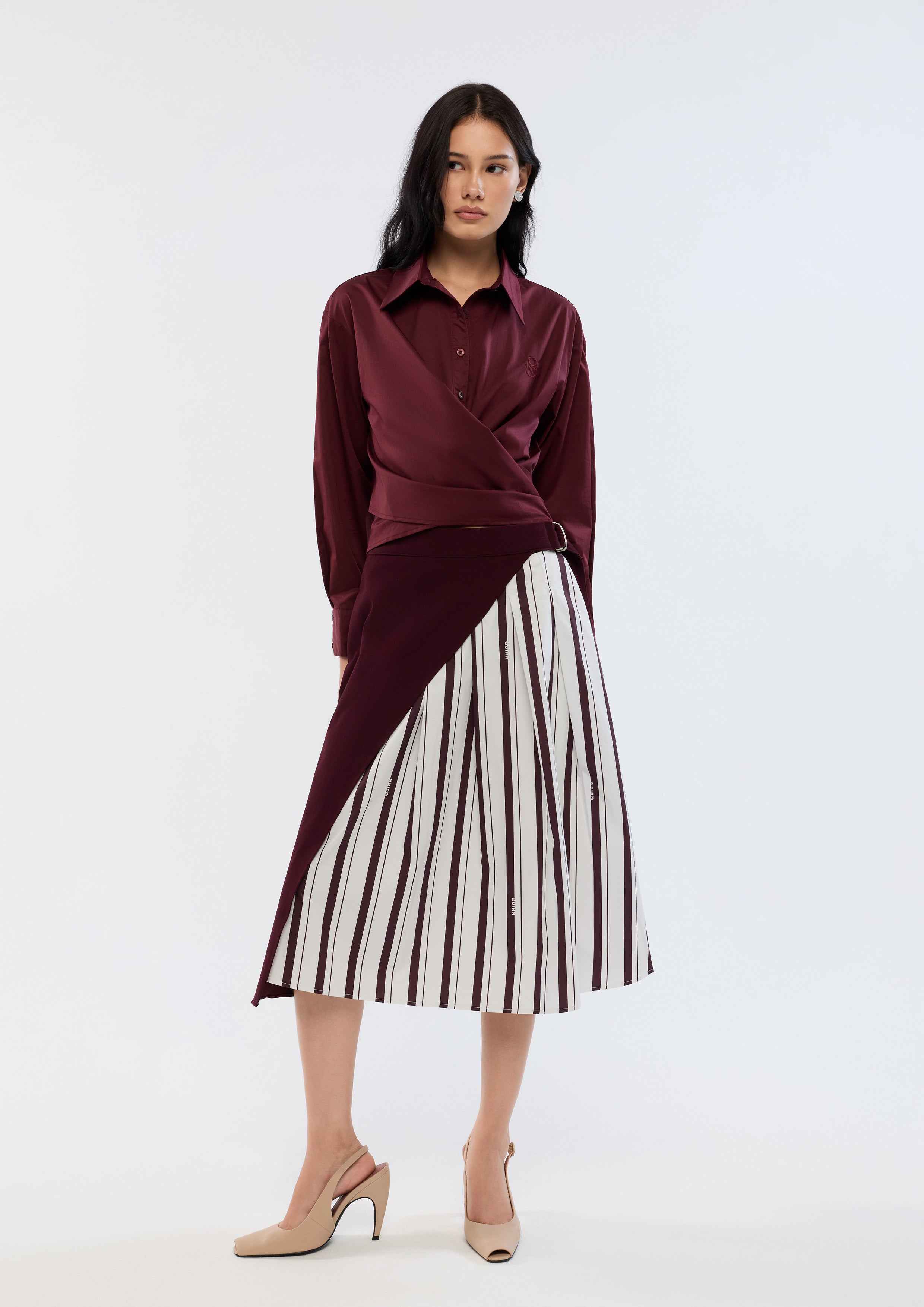 Stripe Layered Midi Skirt With Belt