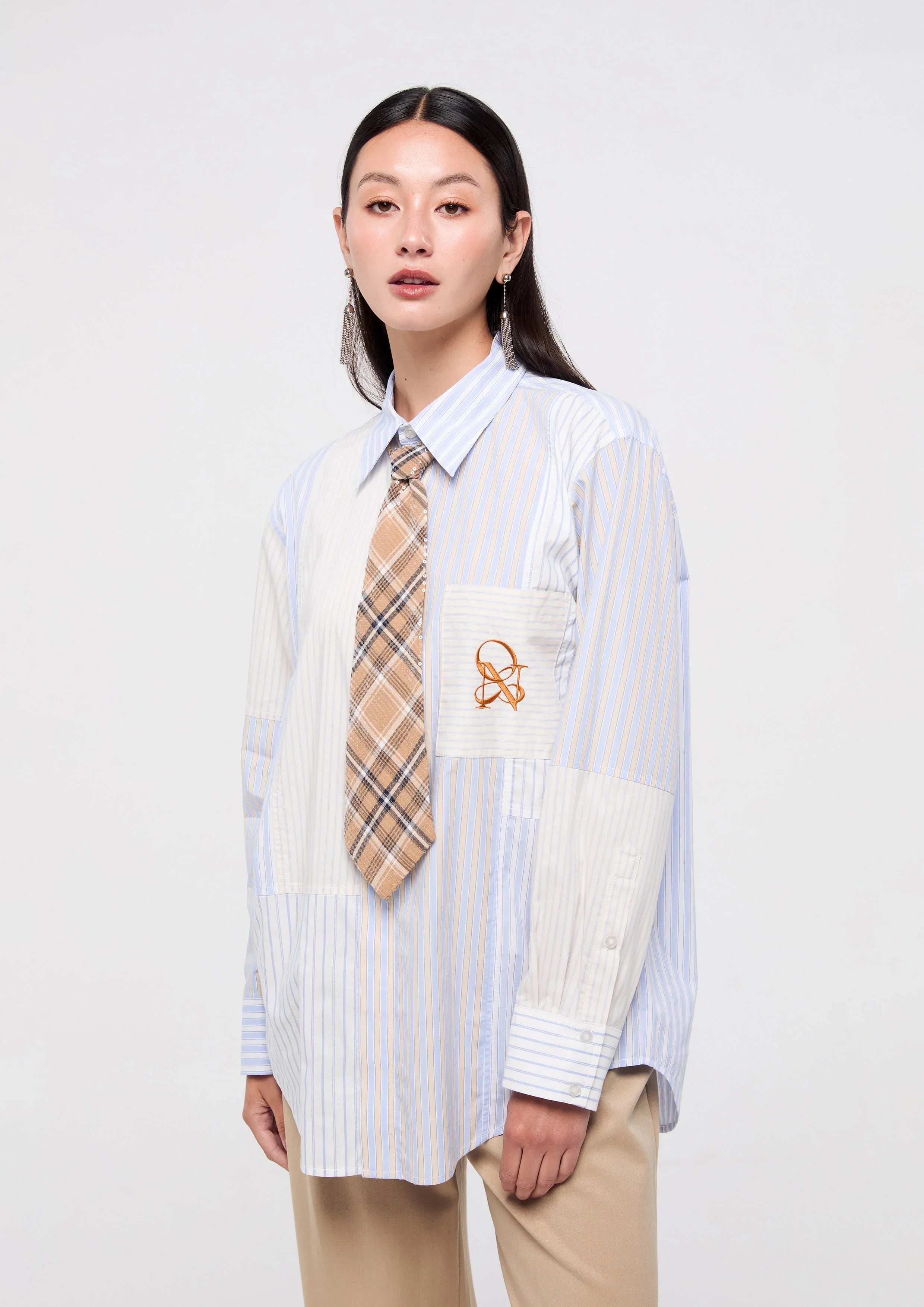 Stripe Shirt With Sequin Neck Tie