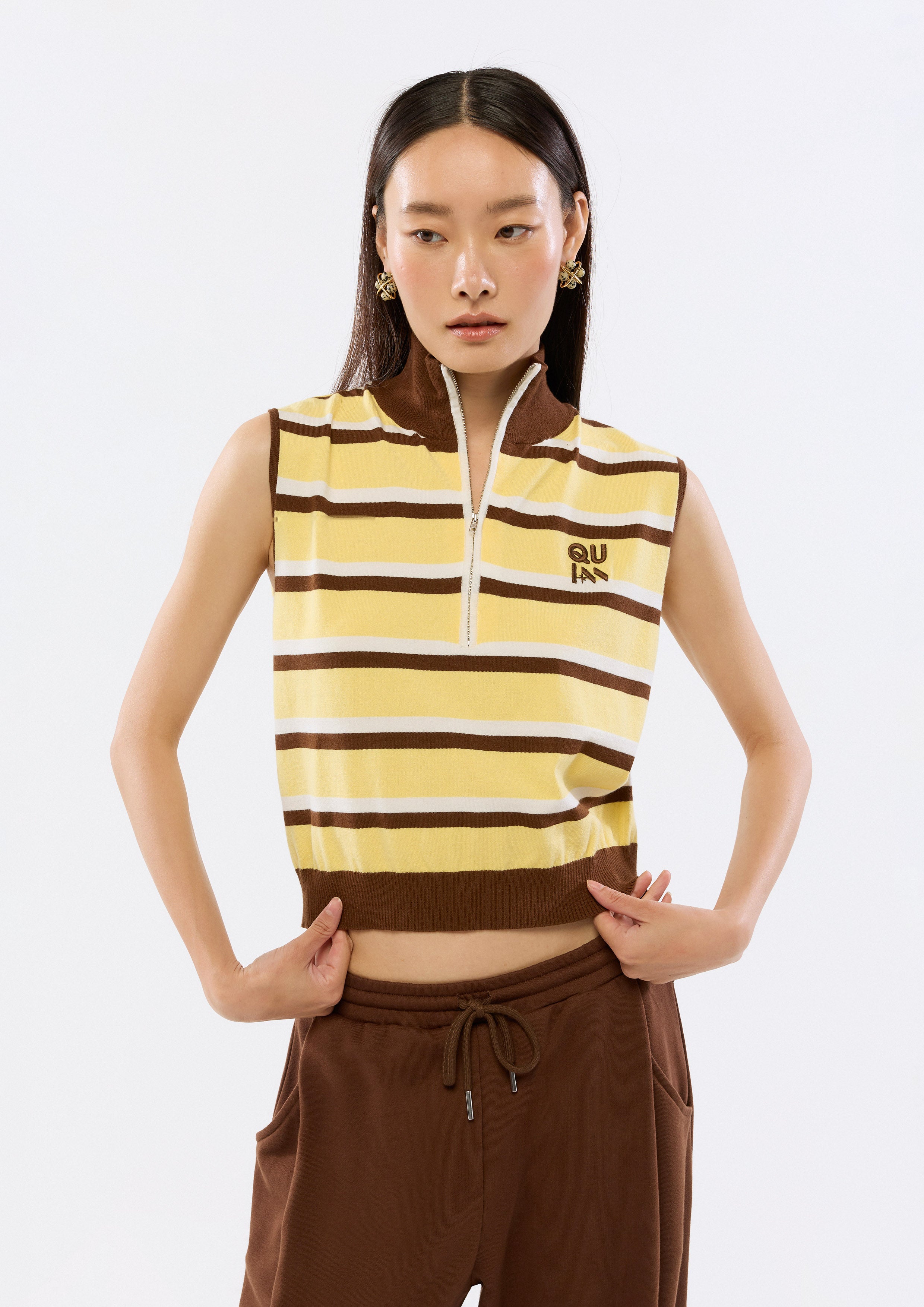 Stripe Half-Zip High Neck Top