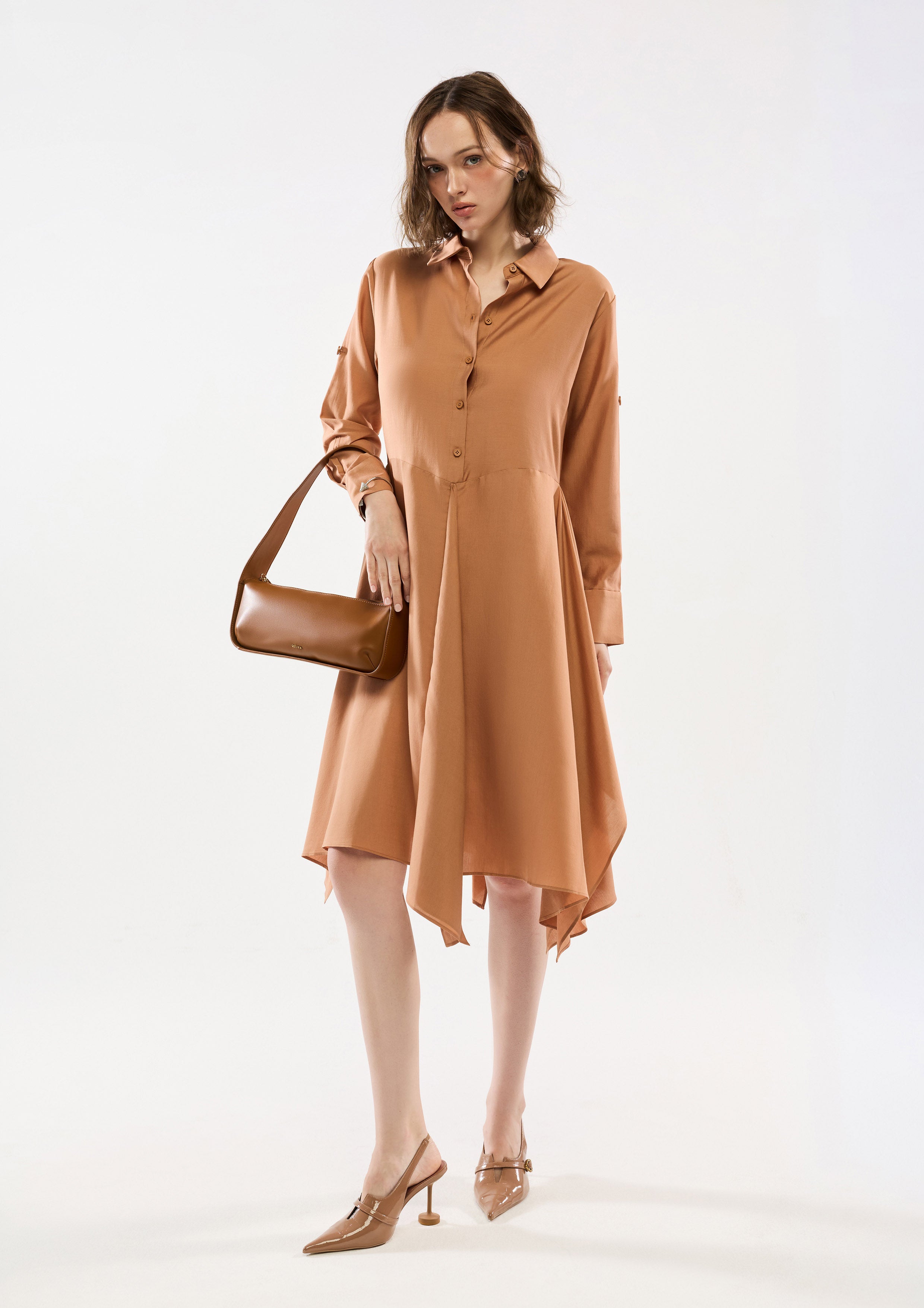 Button Handkerchief Skirt Midi Dress