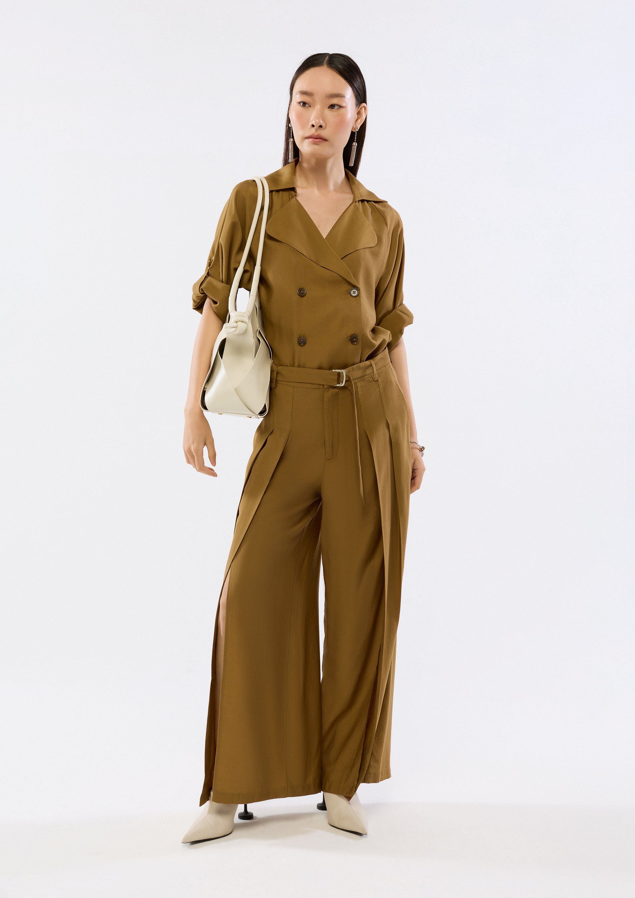 Pleated Wide Leg Pants With Belt
