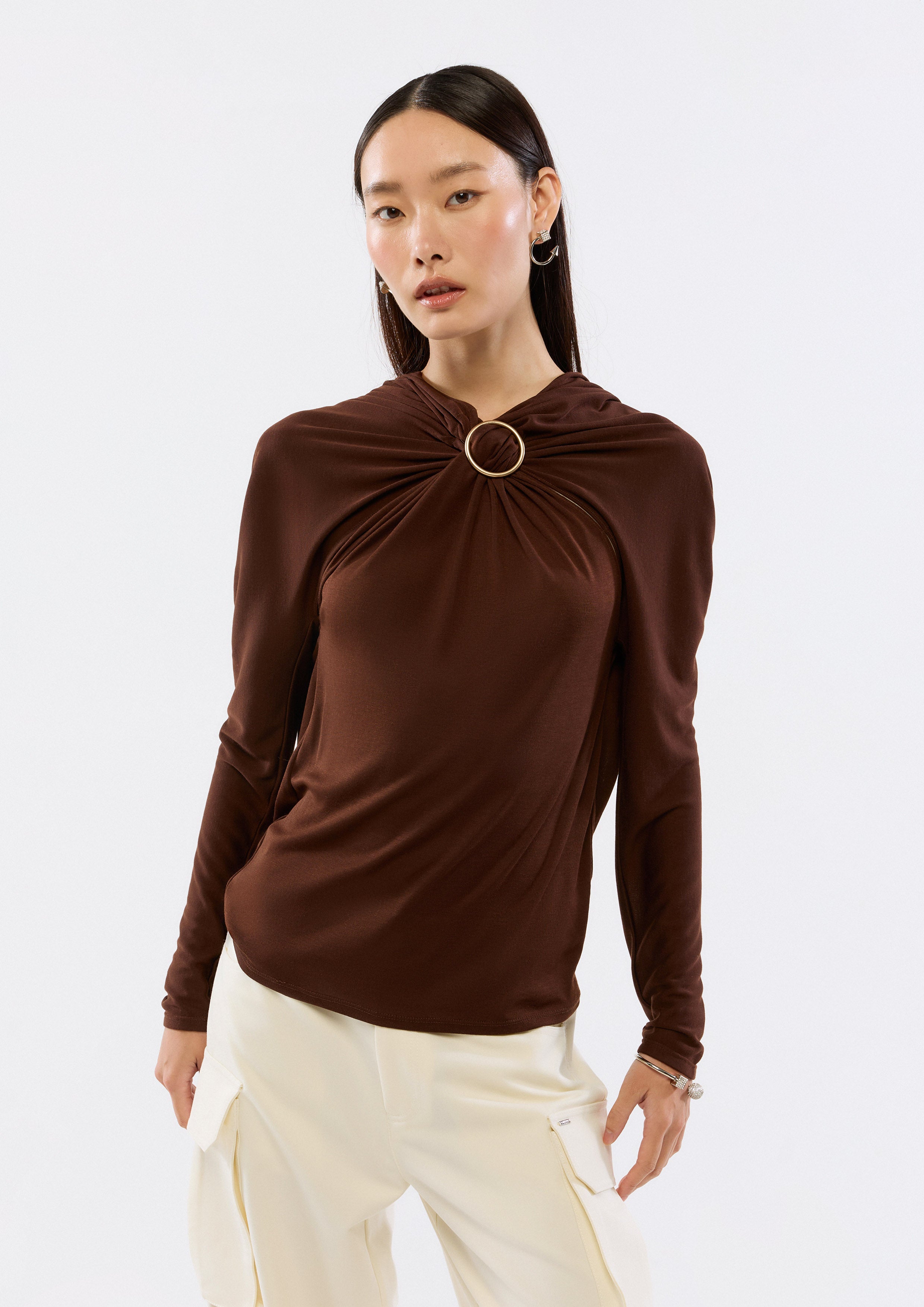 O-Ring Back Drape Satin Blouse
