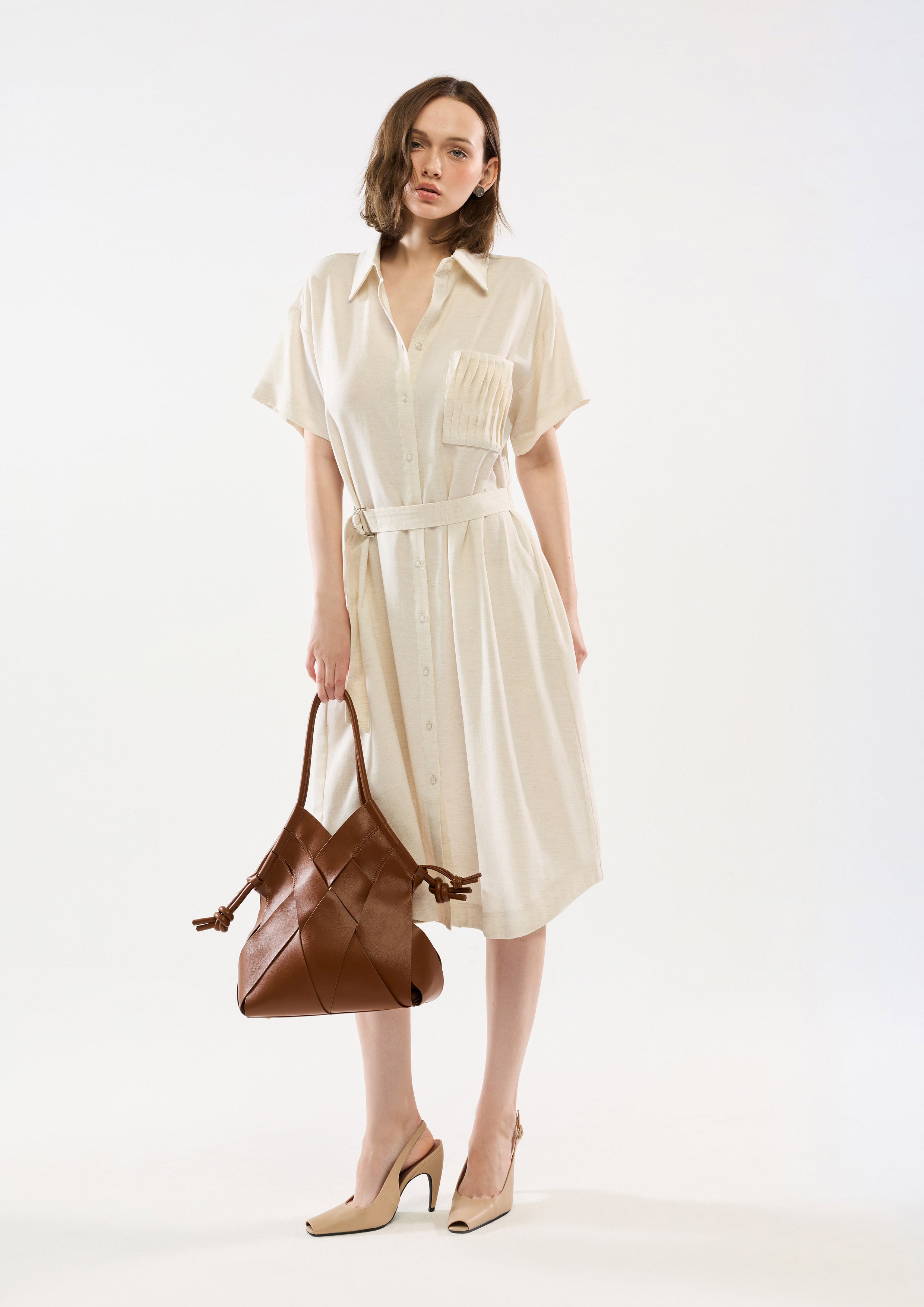 Pleated Pocket Midi Dress With Belt