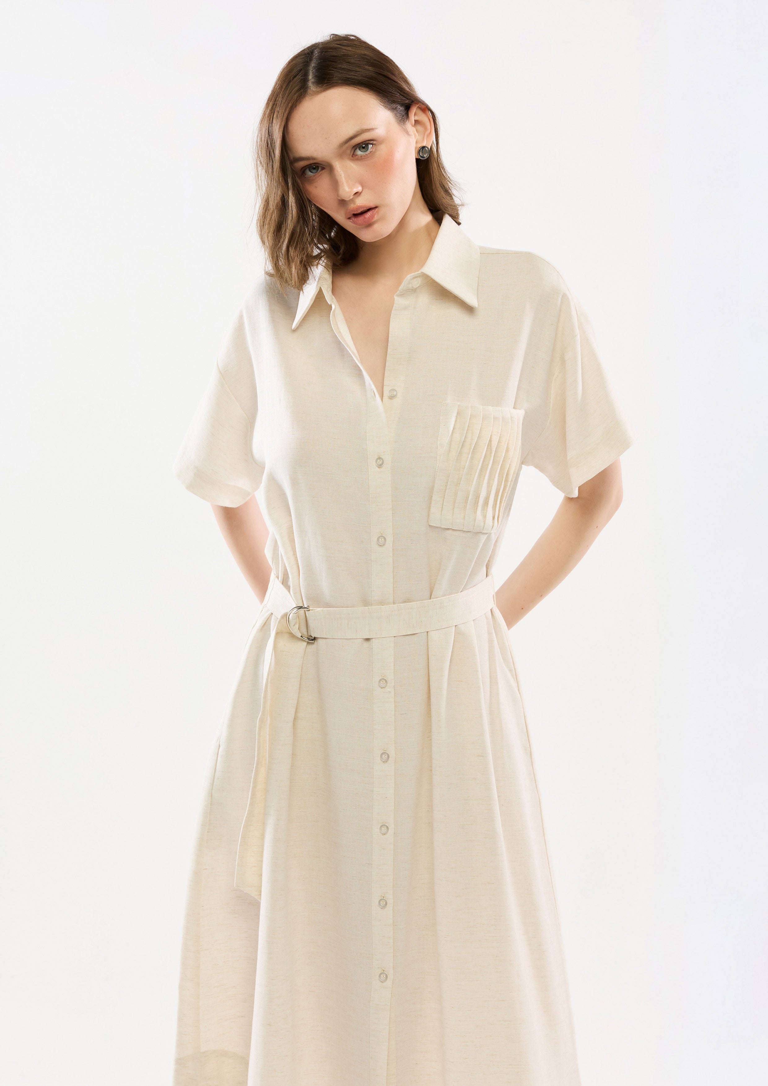 Pleated Pocket Midi Dress With Belt
