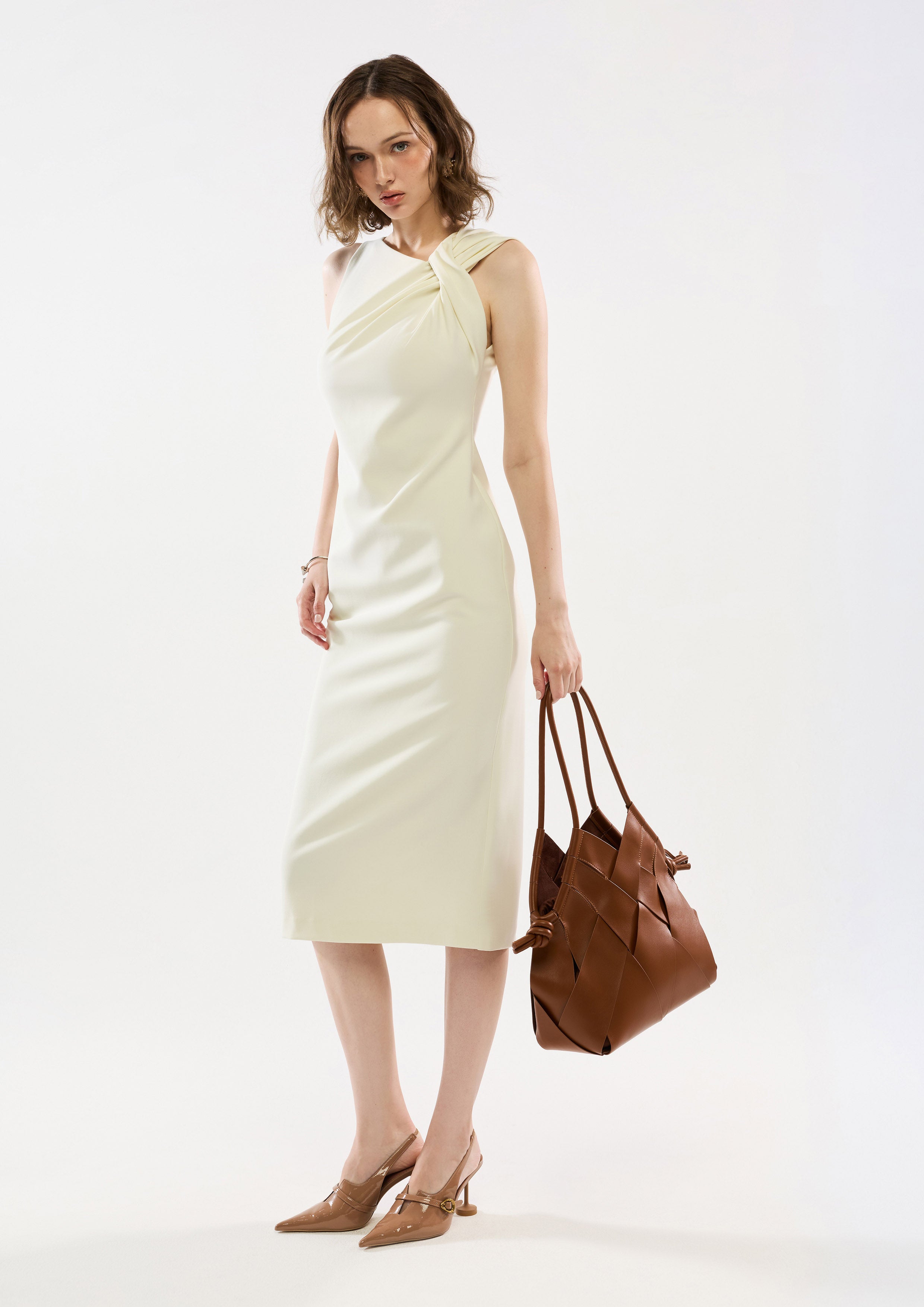 beige bodycon midi dress Crossed Strap Bodycon Midi Dress