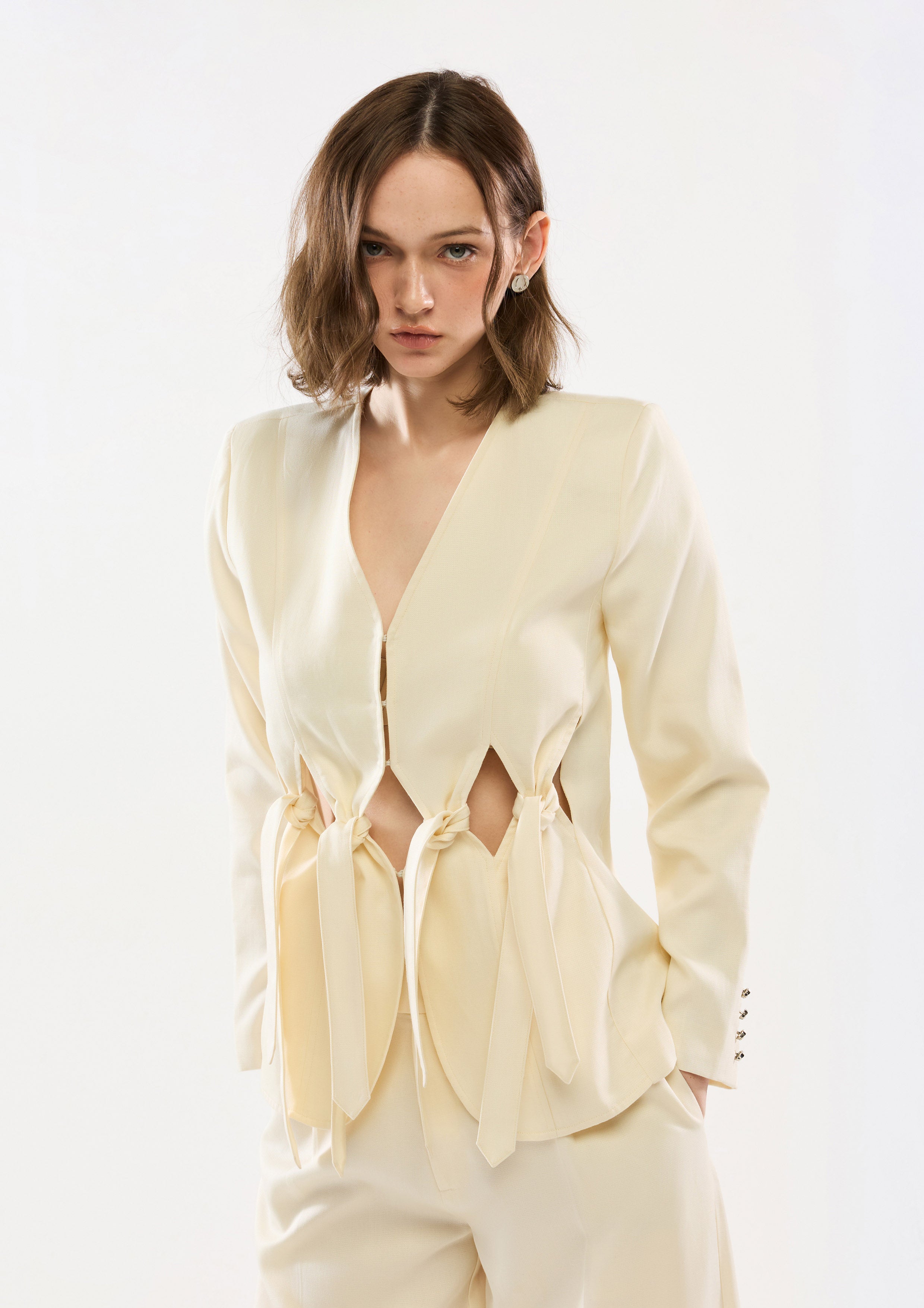 Cut-Out With Knotted Long Sleeve Jacket