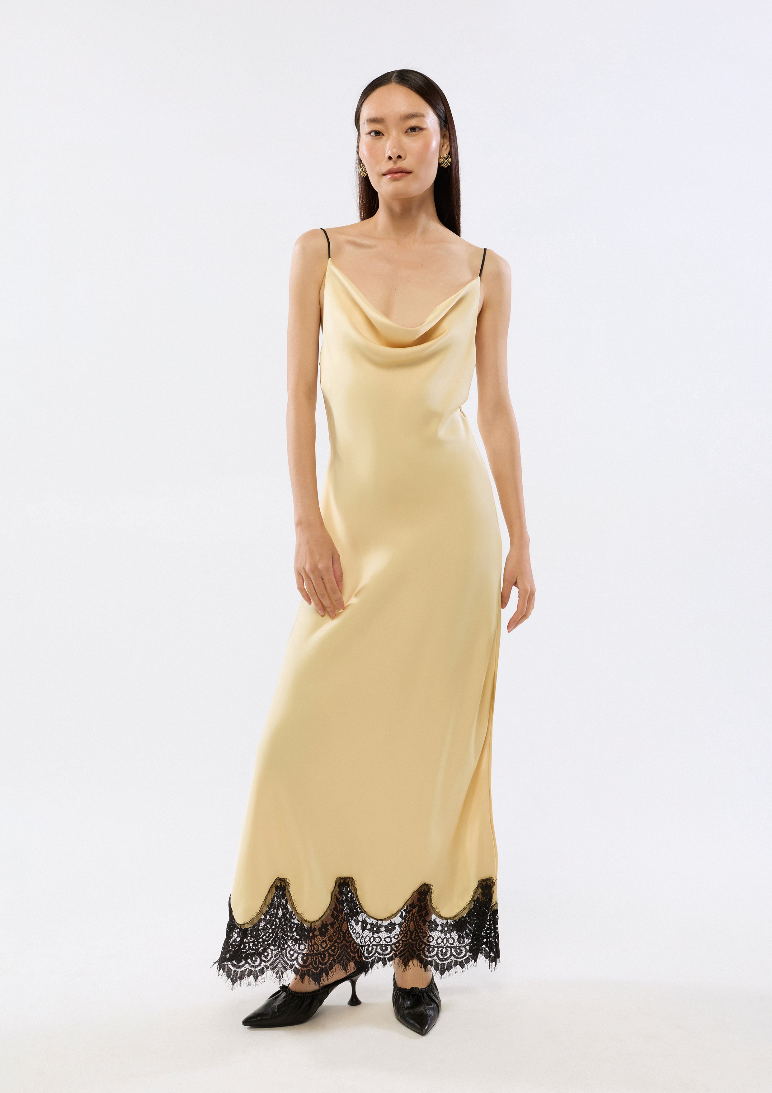 Lace Trim Skirt Satin Dress