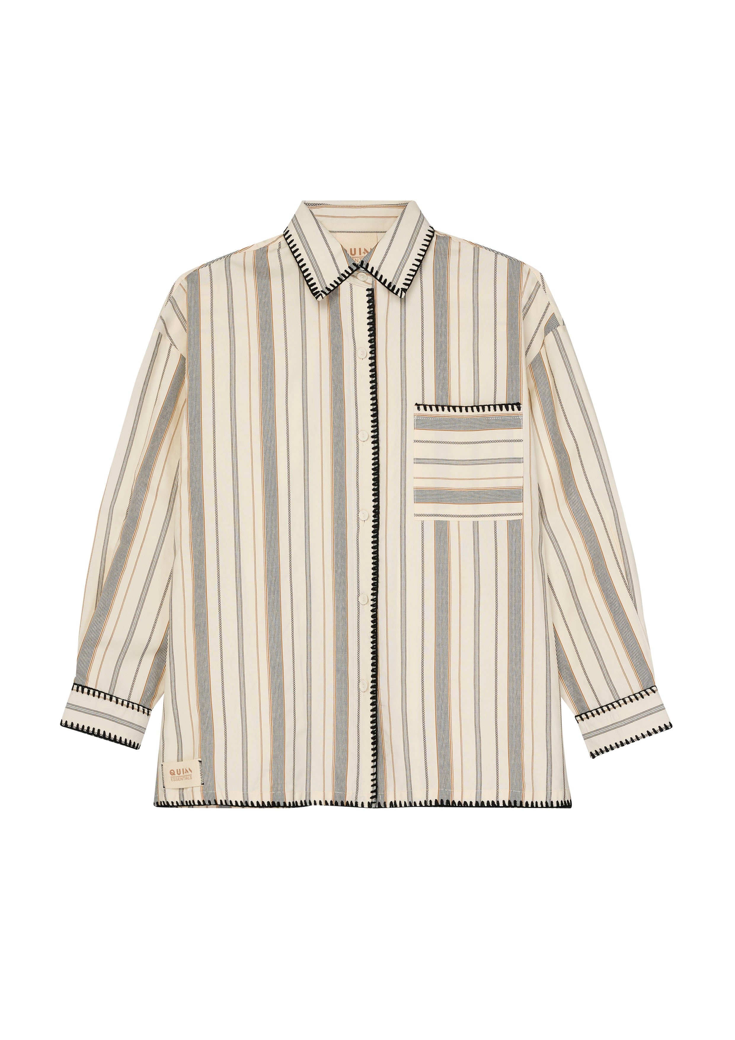เสื้อเชิ้ตแขนยาวลายทางแต่งฝีตะเข็บคอนทราสต์