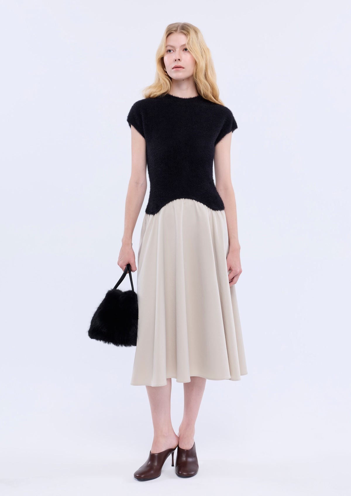 Fur Top Flare Midi Skirt Dress