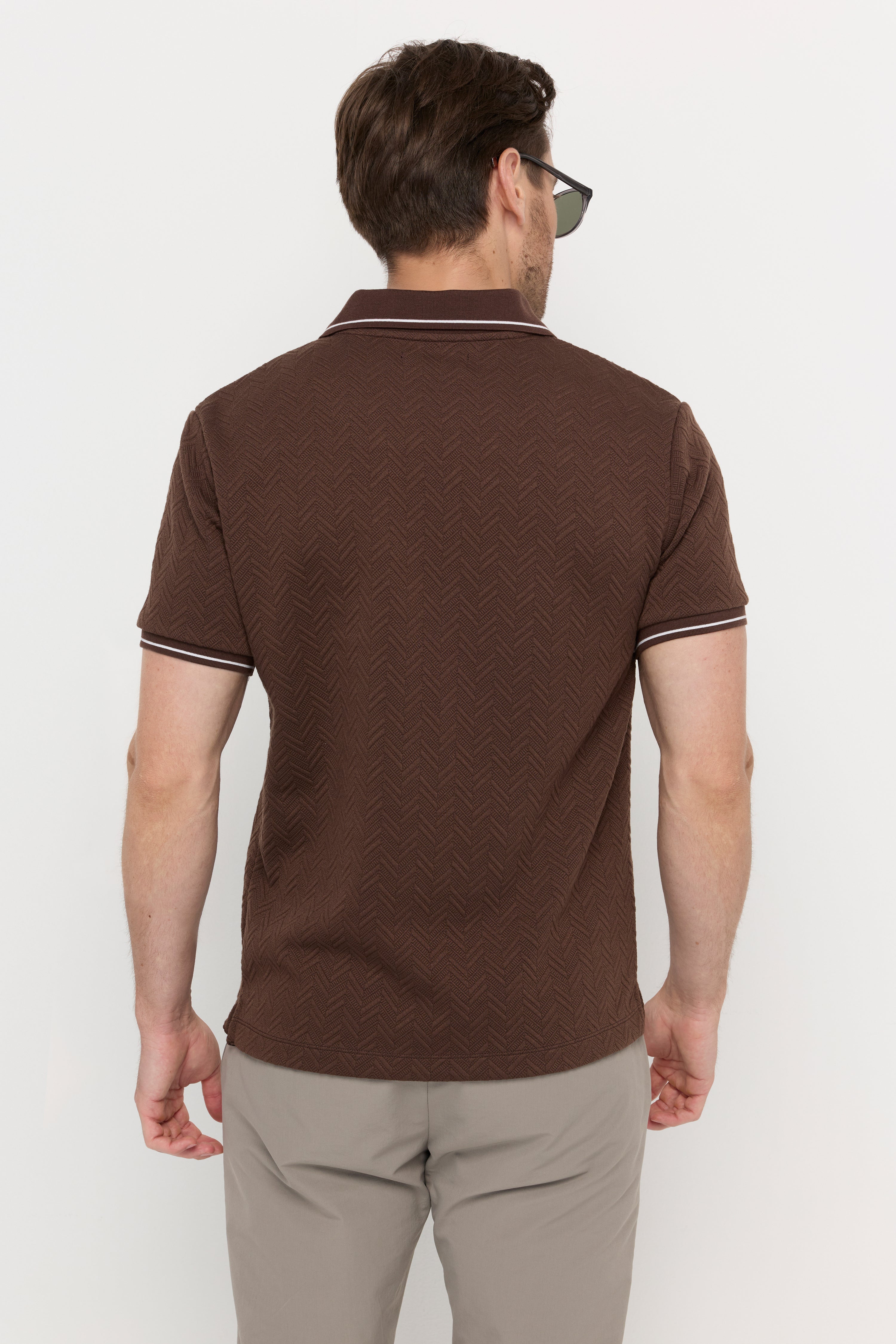 Jacquard Texture Open-Collar Polo Dark Brown