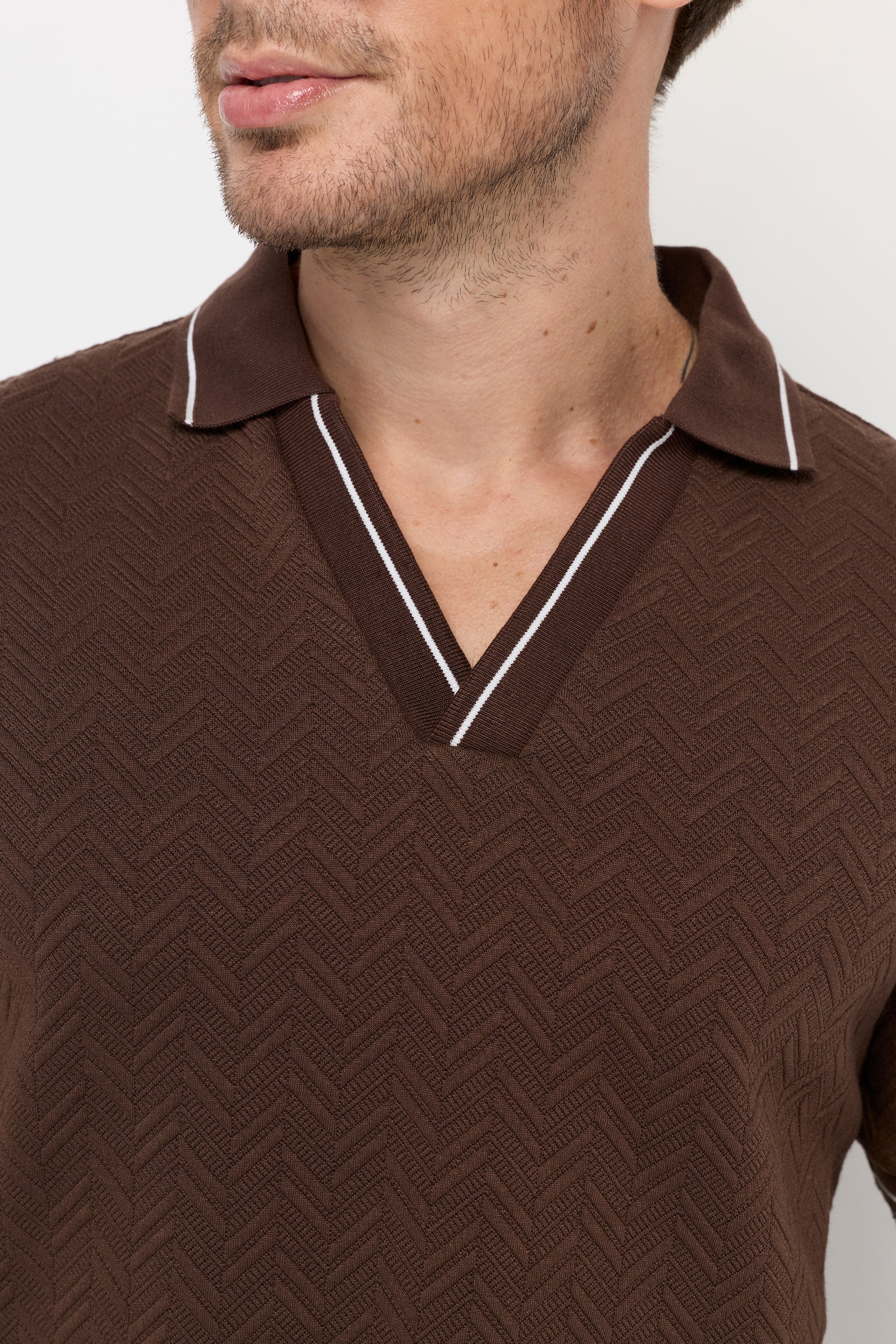Jacquard Texture Open-Collar Polo Dark Brown