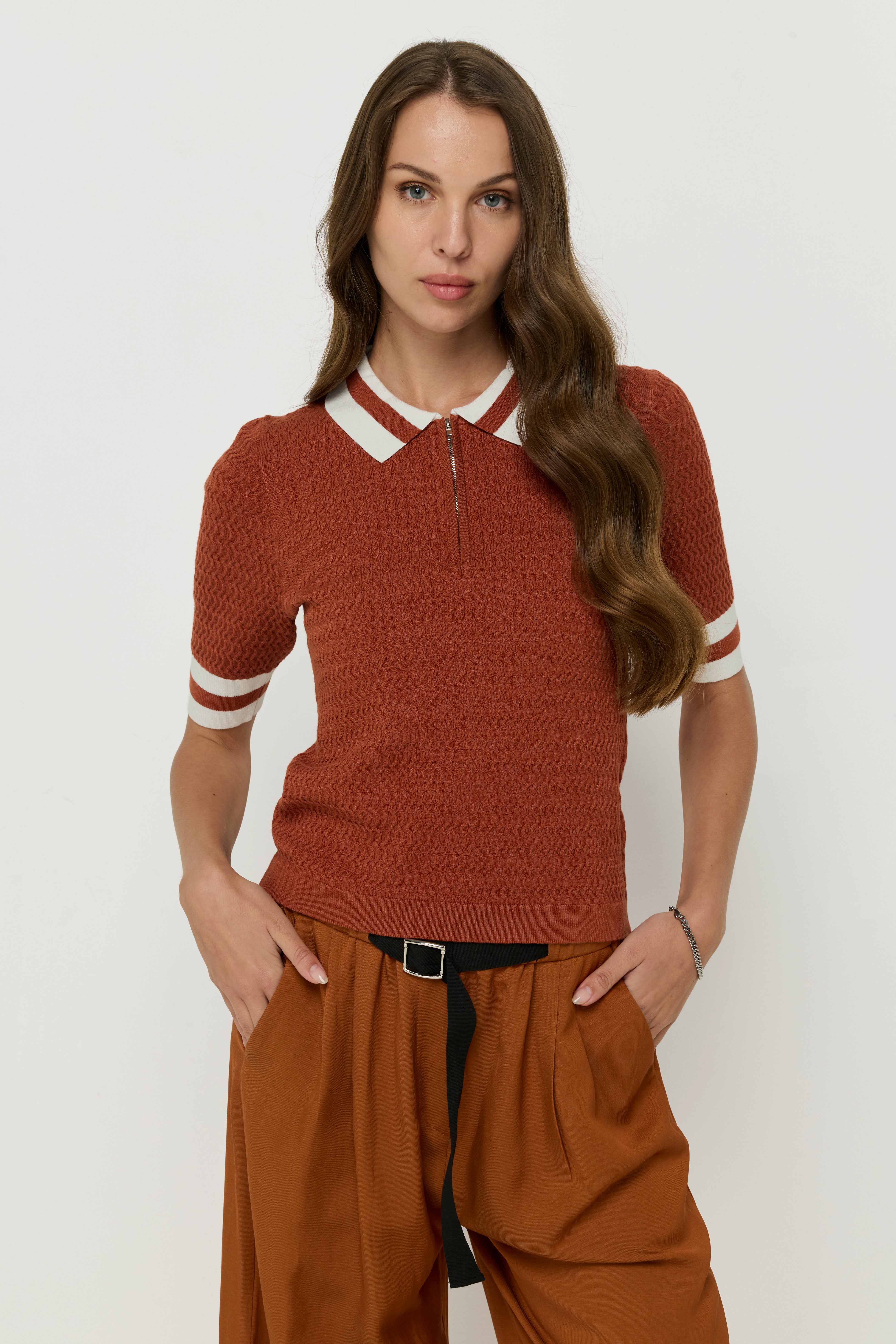 Zipper Flatknit Polo Brown