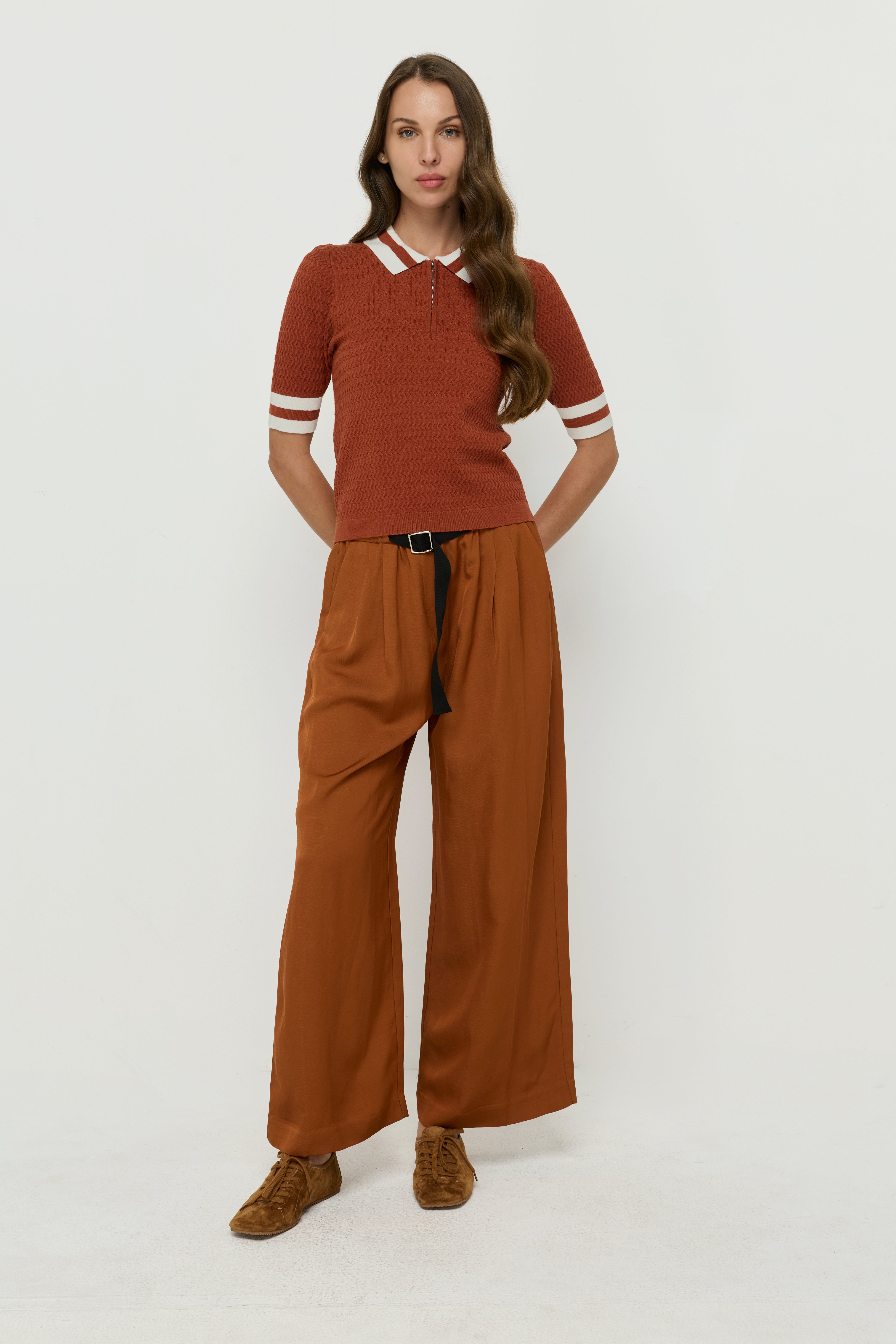 Zipper Flatknit Polo Brown