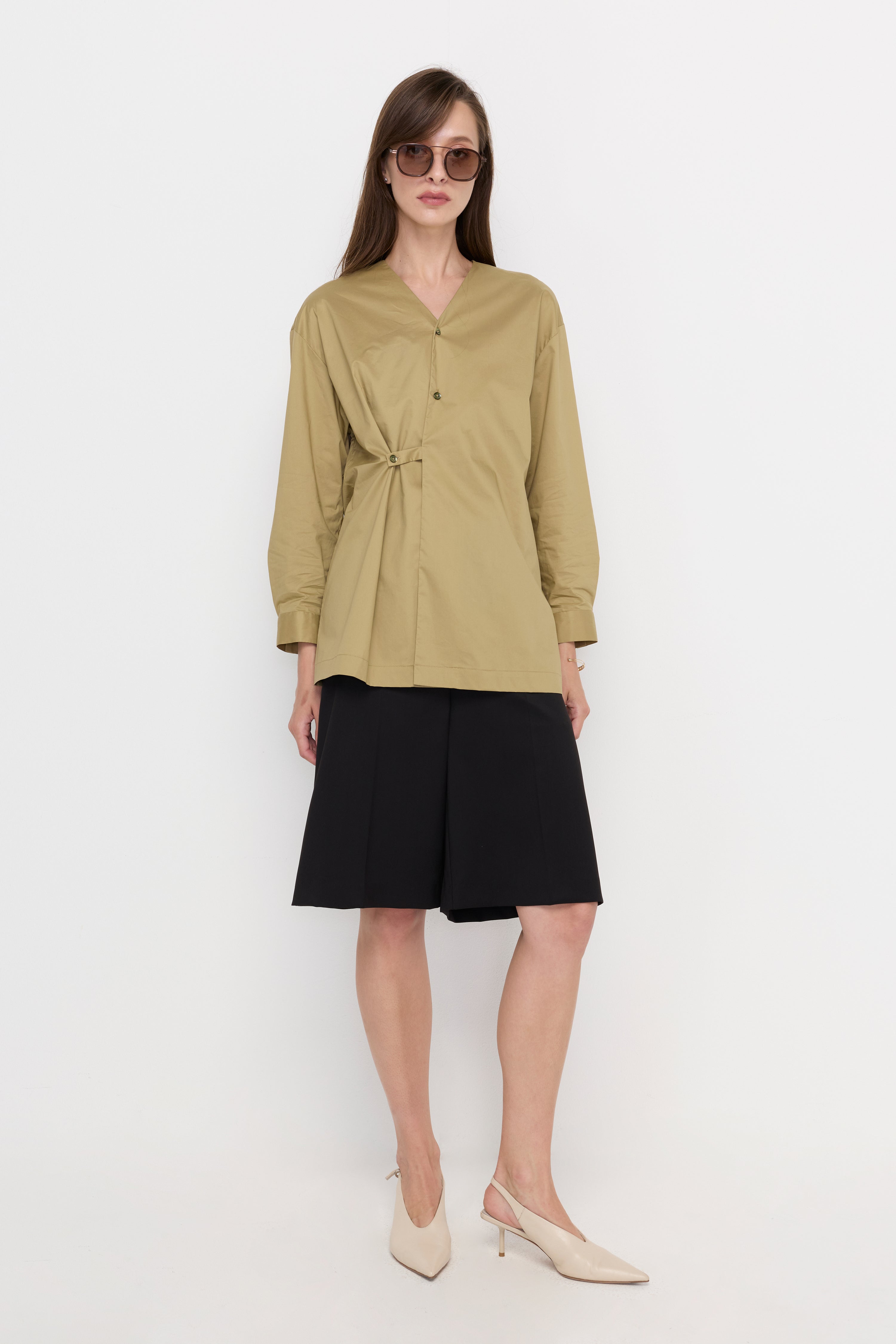 Asymmetric Waist-Tuck Blouse Green