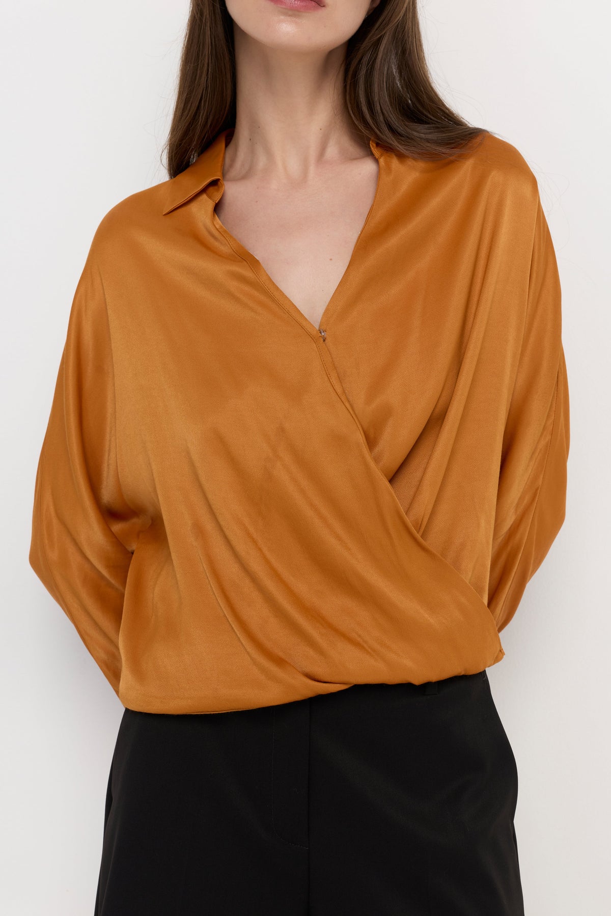 Draped Wrap Satin Blouse Yellow